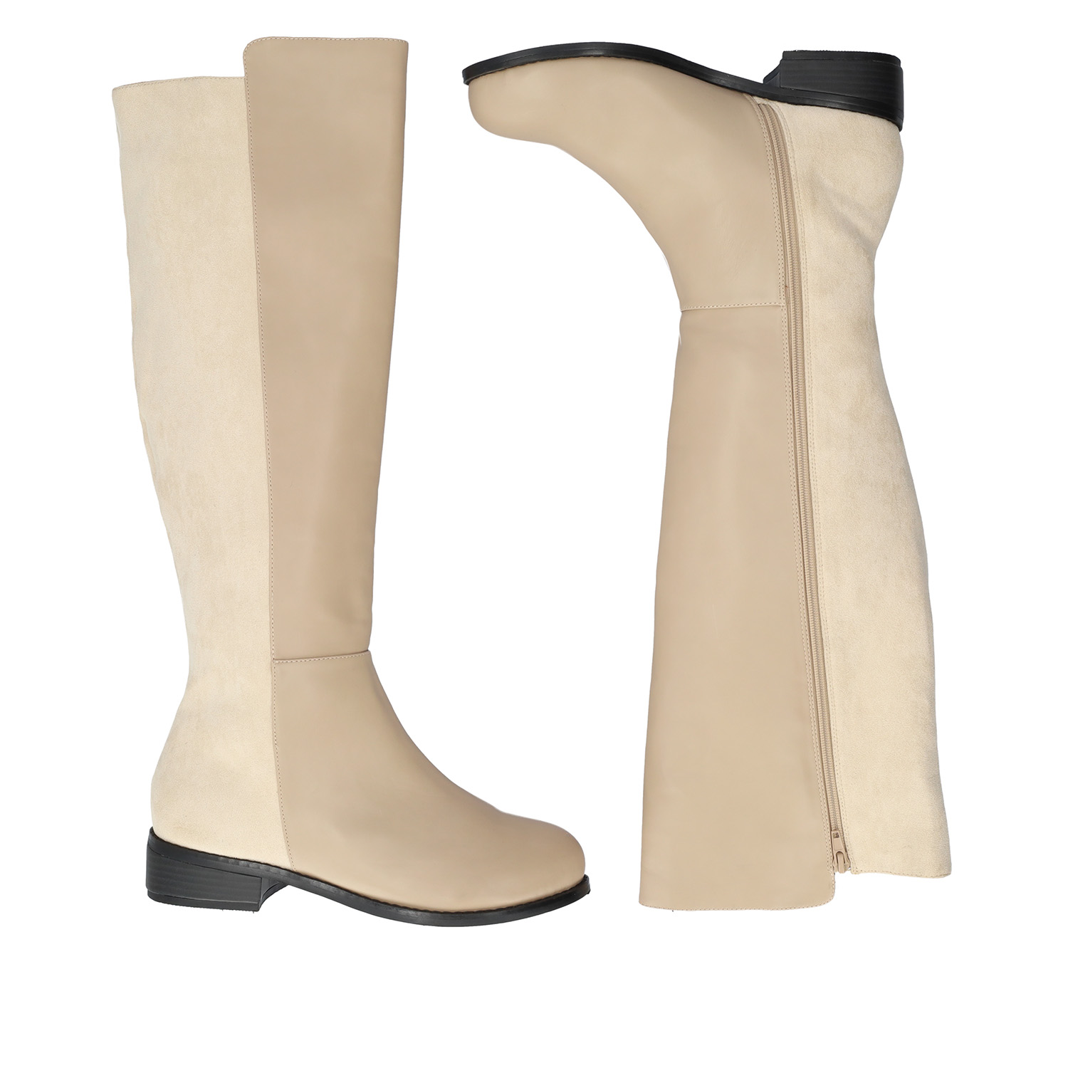 Flat knee-high boots combined in beige colour. 