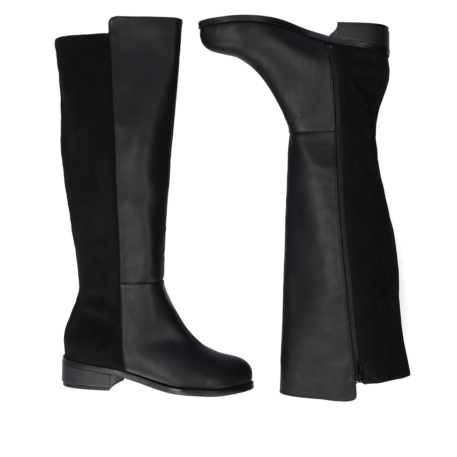 Flat knee-high boots combined in black colour. 