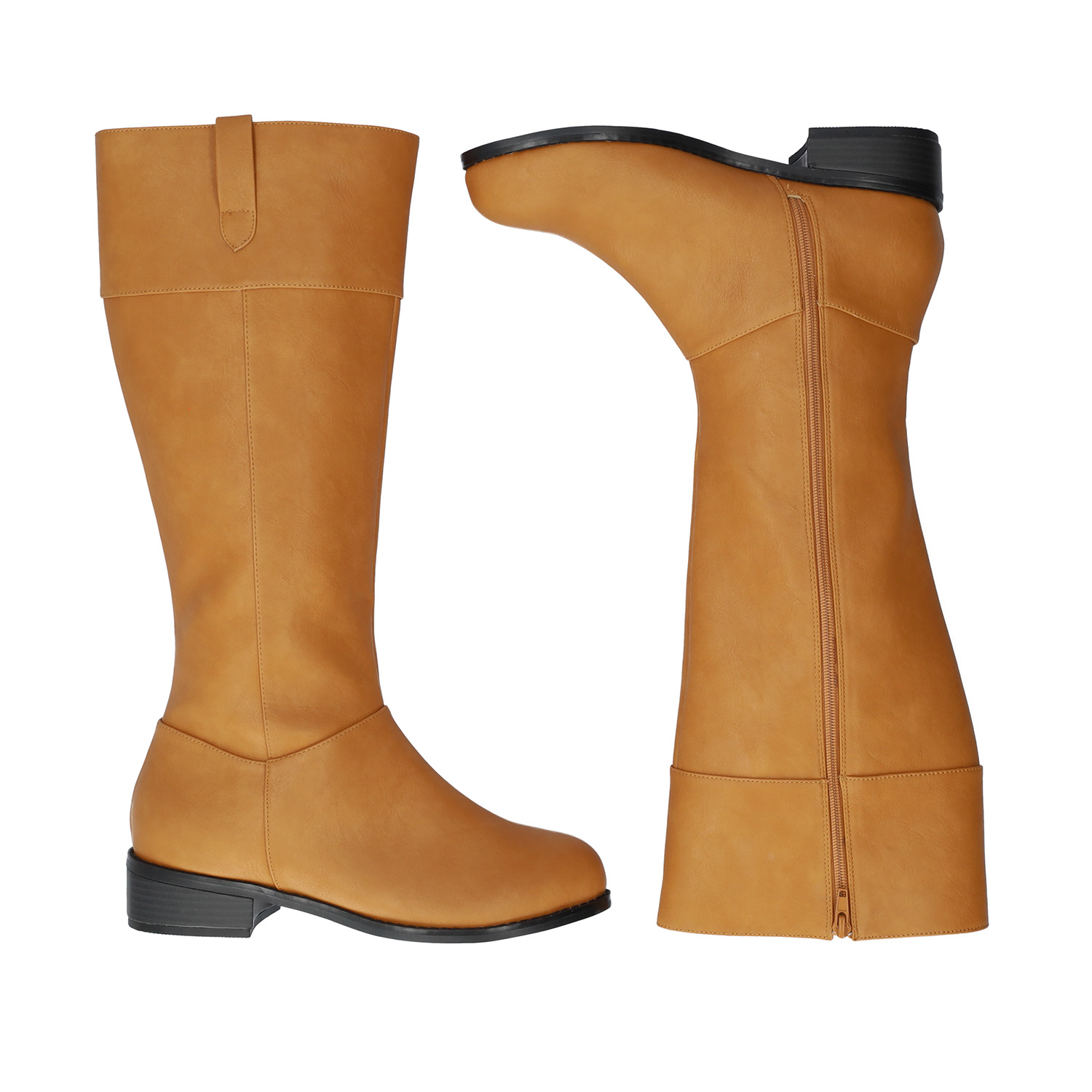 Flat high-calf boots in camel faux leather. 