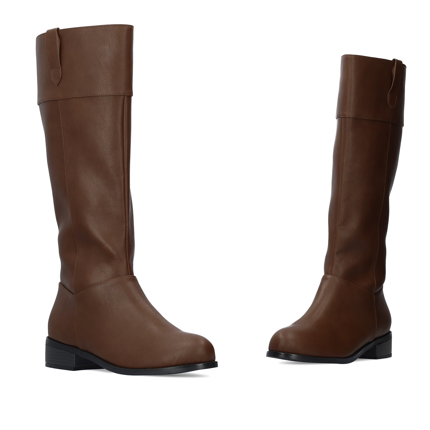 Flat high-calf boots in brown faux leather. 