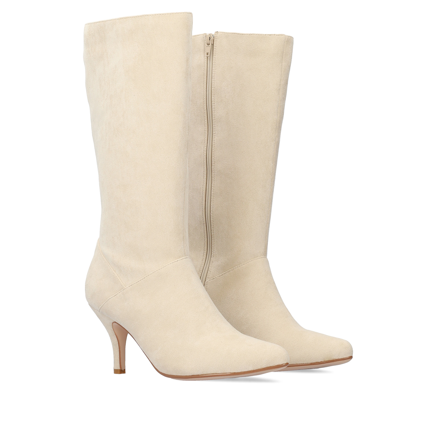 Heeled high boots in off white faux suede. 