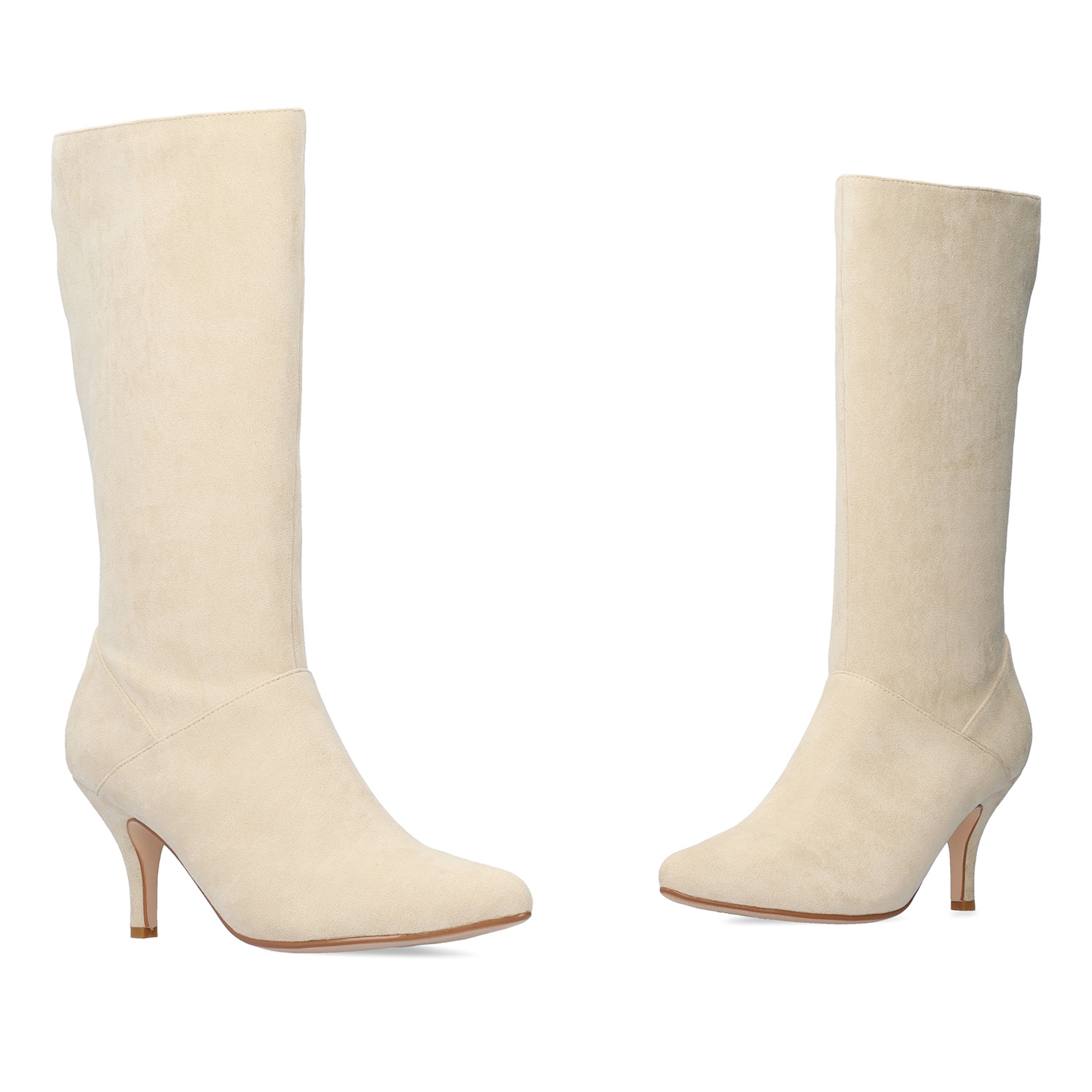Heeled high boots in off white faux suede. 