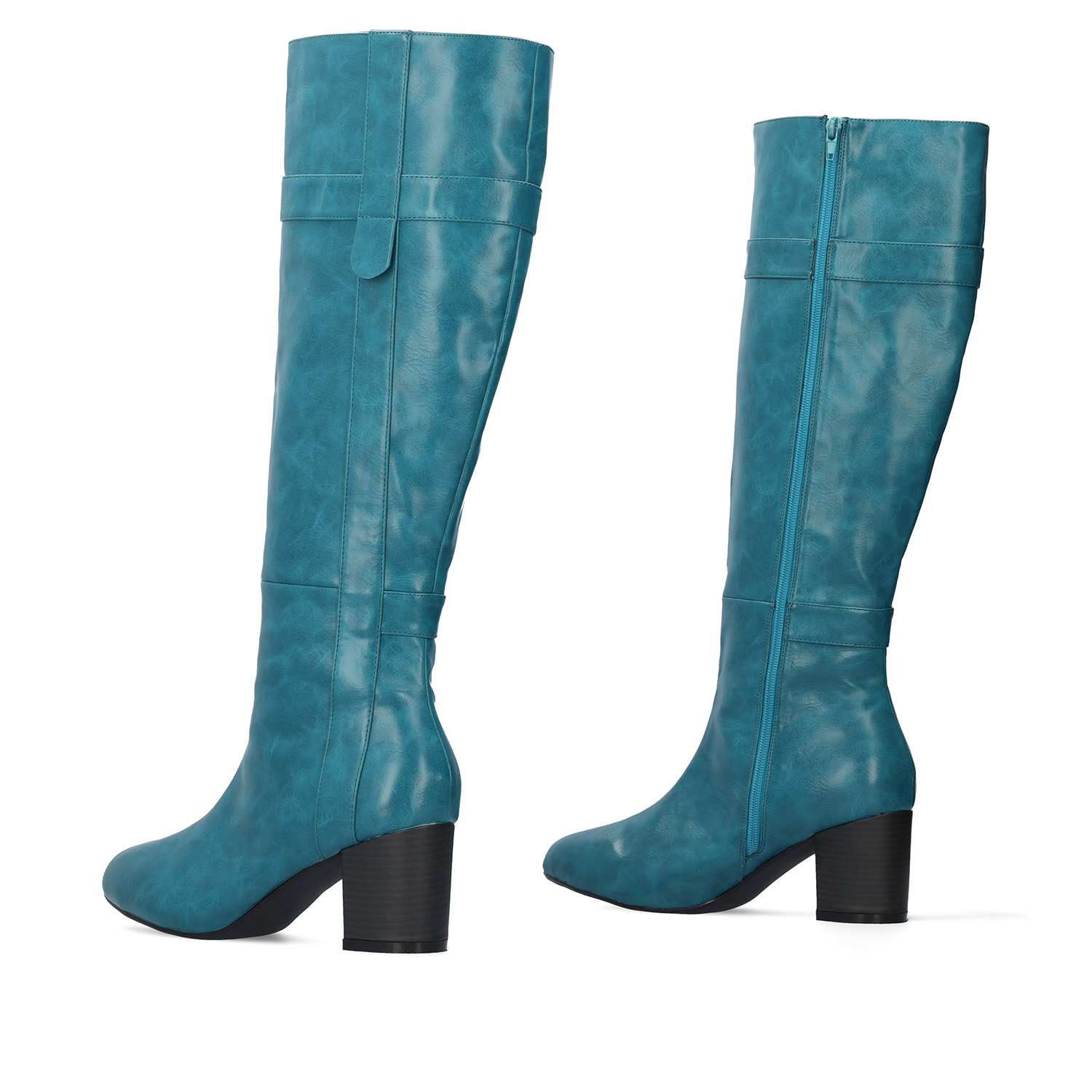 Heeled high-calf boots in blue faux leather 