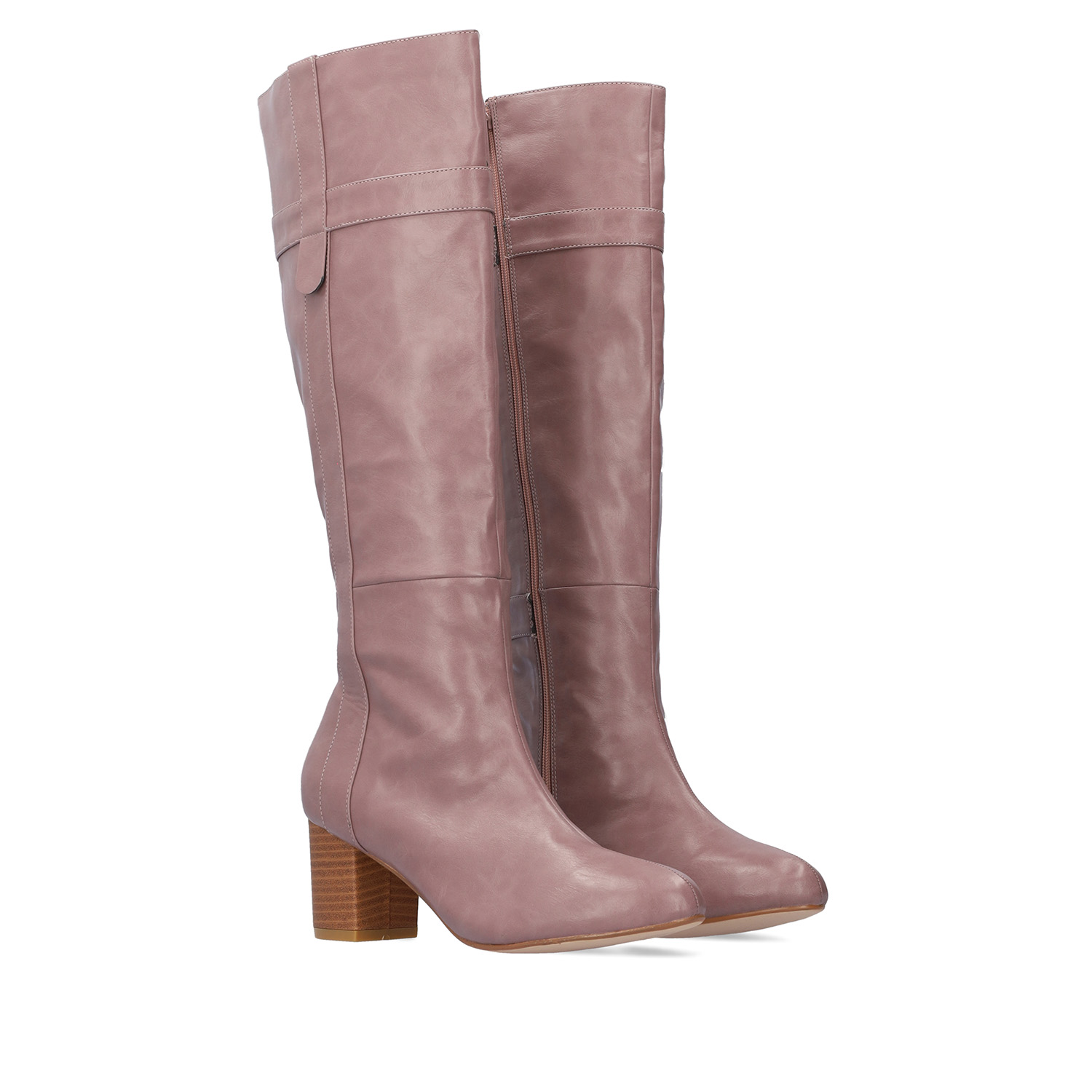 Heeled high-calf boots in mauve faux leather 