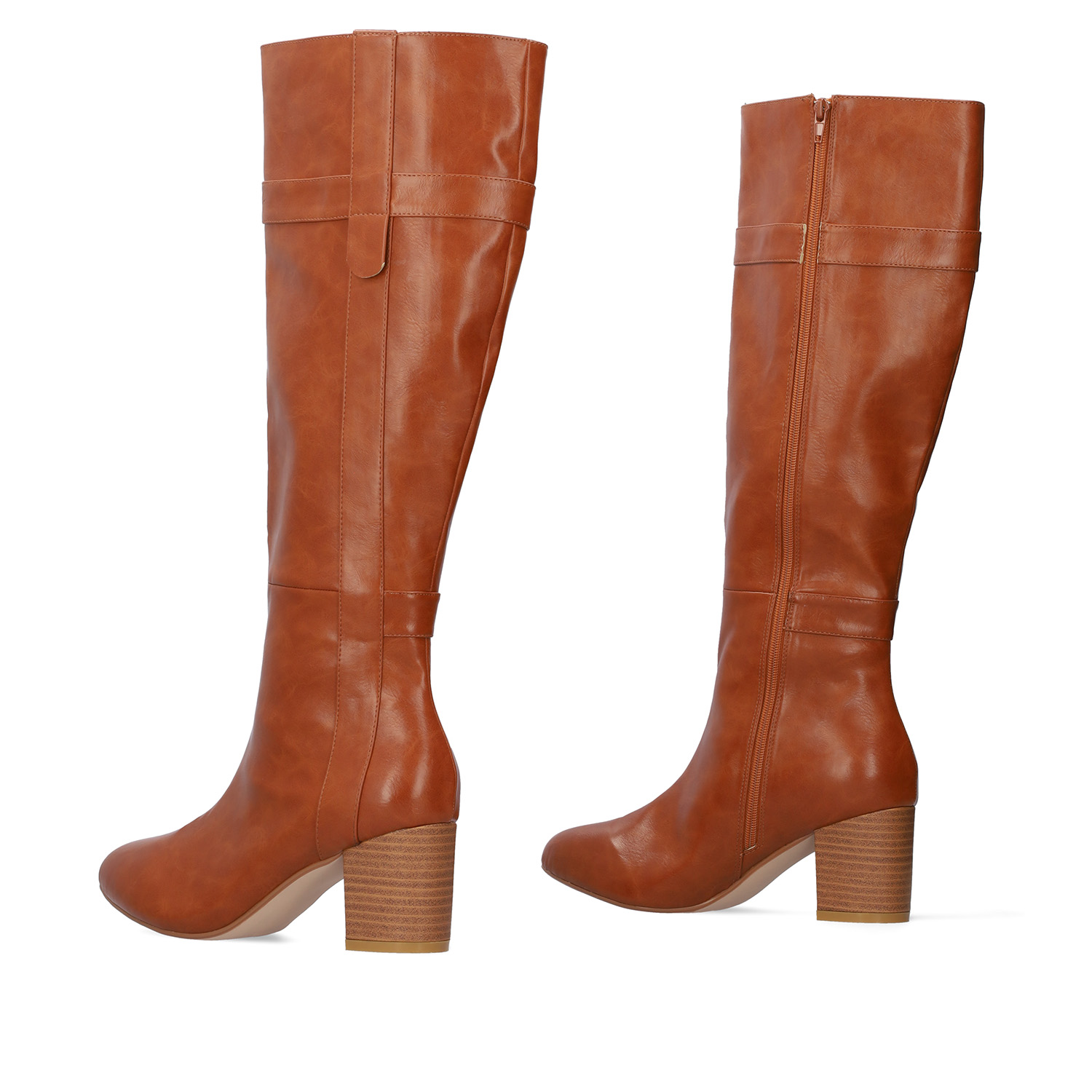 Heeled high-calf boots in brown faux leather 