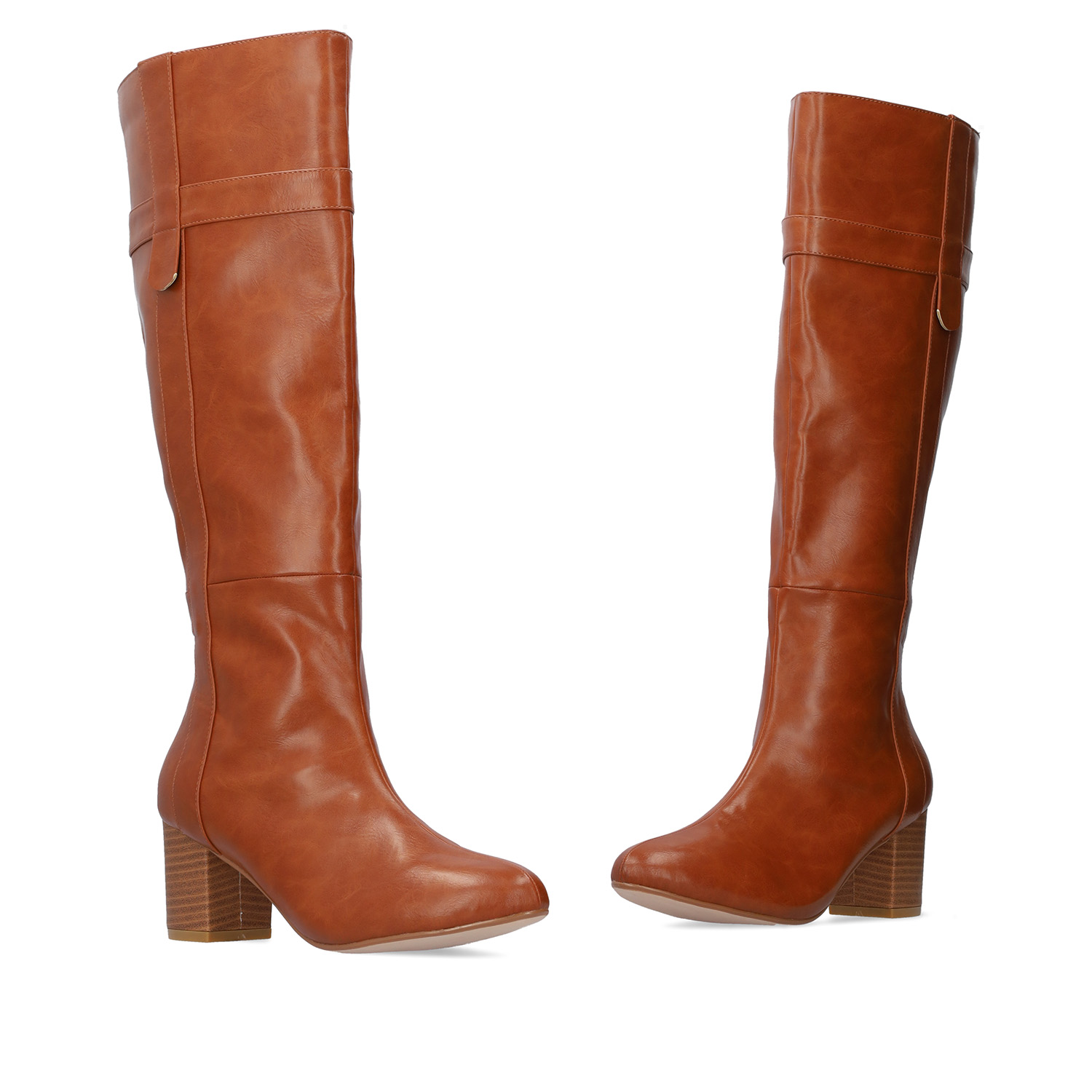 Heeled high-calf boots in brown faux leather 