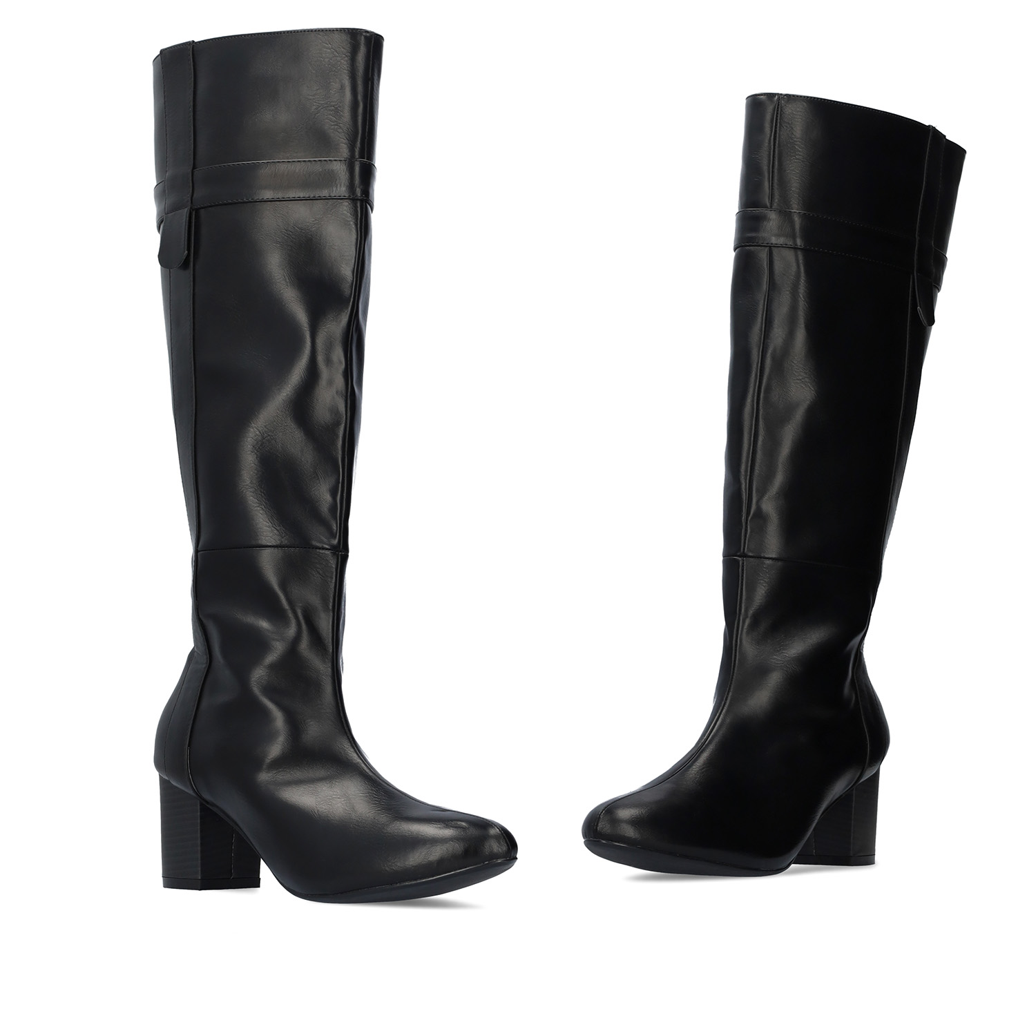 Heeled high-calf boots in black faux leather 