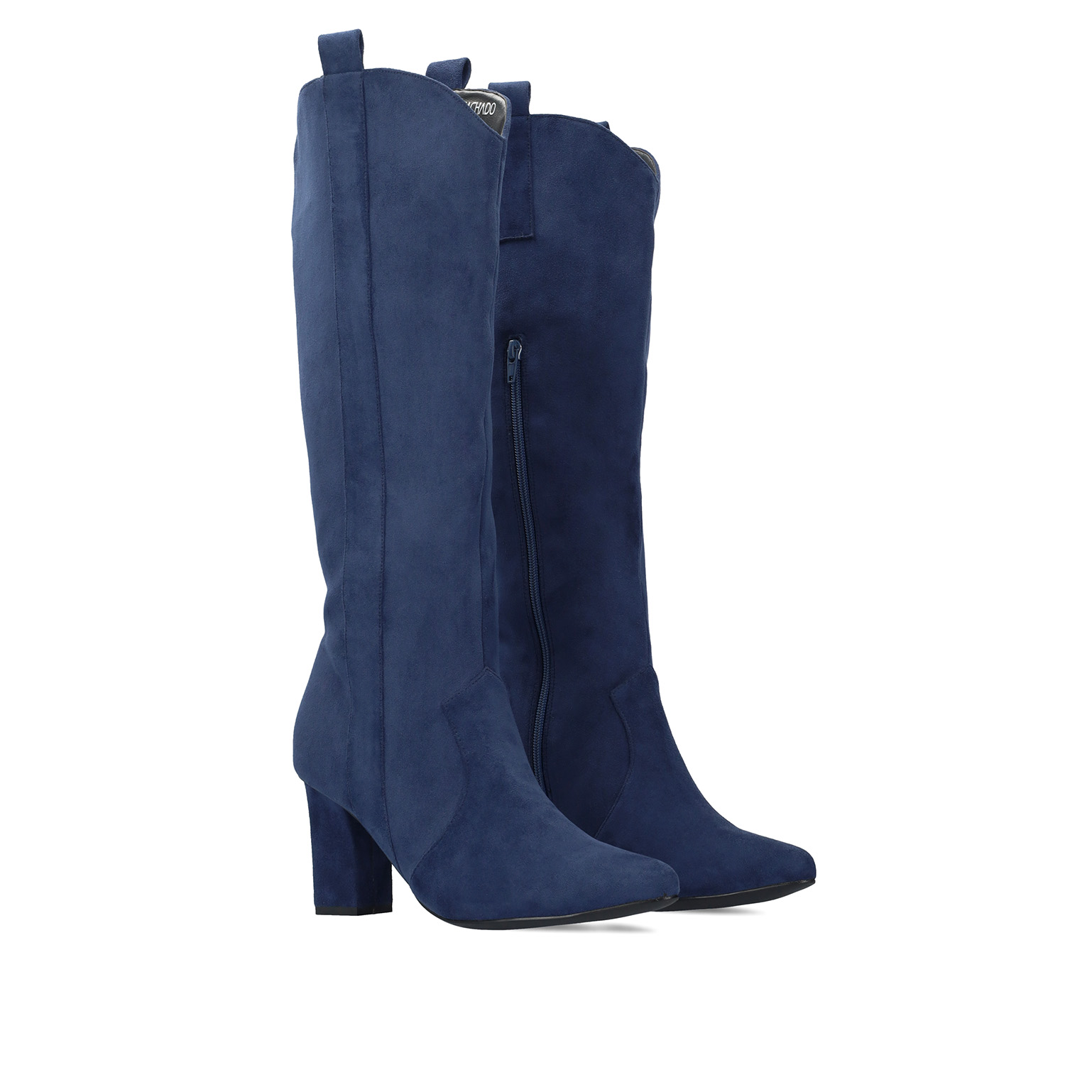 Heeled high boots in dark blue faux suede. 