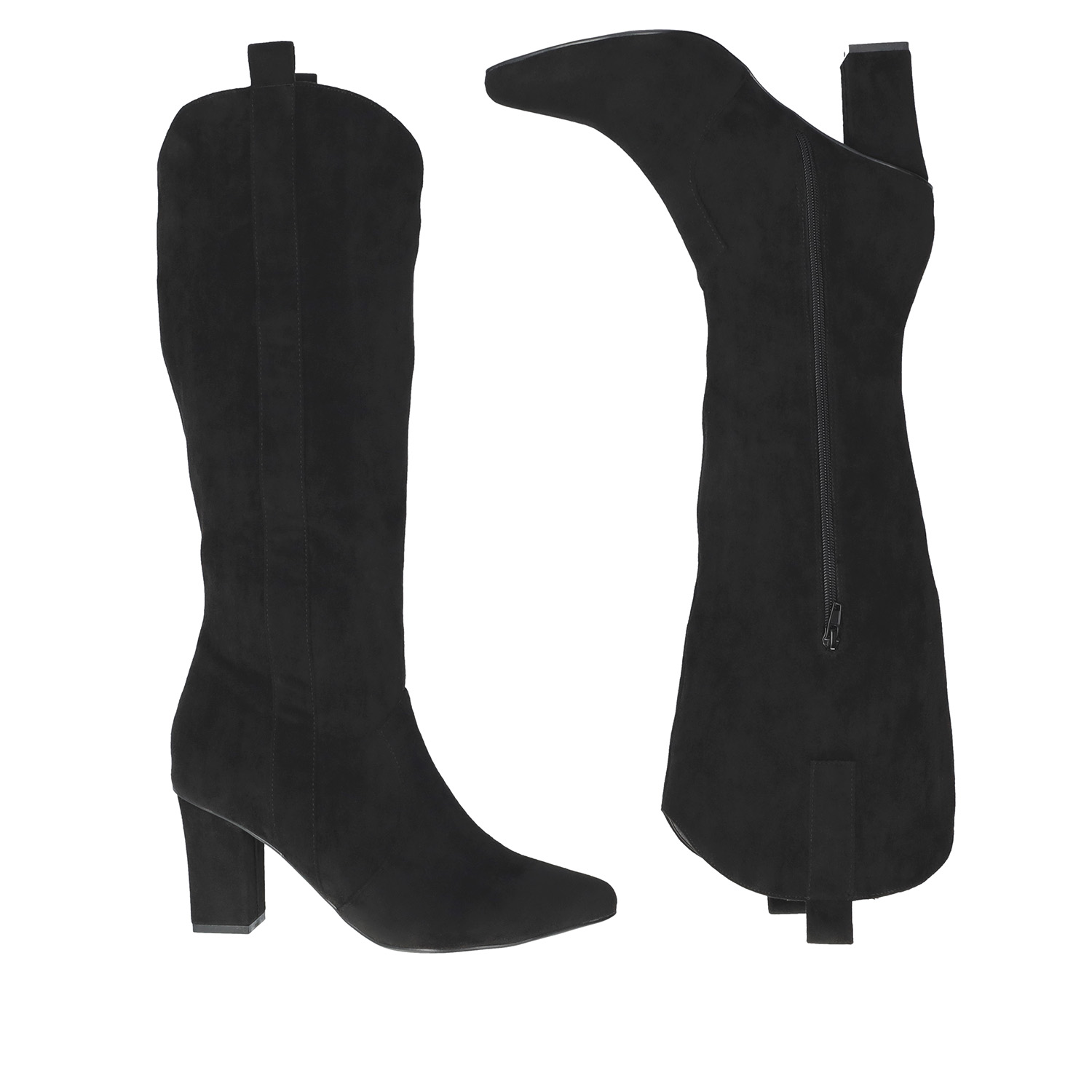 Heeled high boots in black faux suede. 