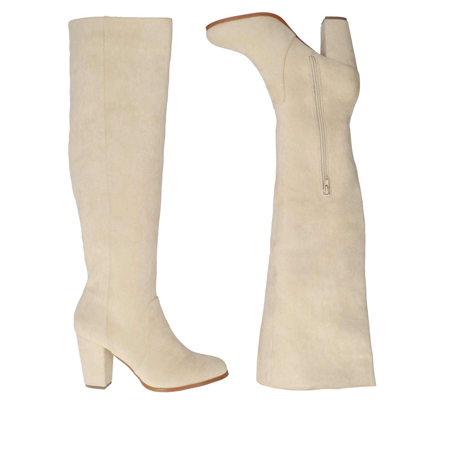 Heeled knee-high boots in off-white faux suede. 