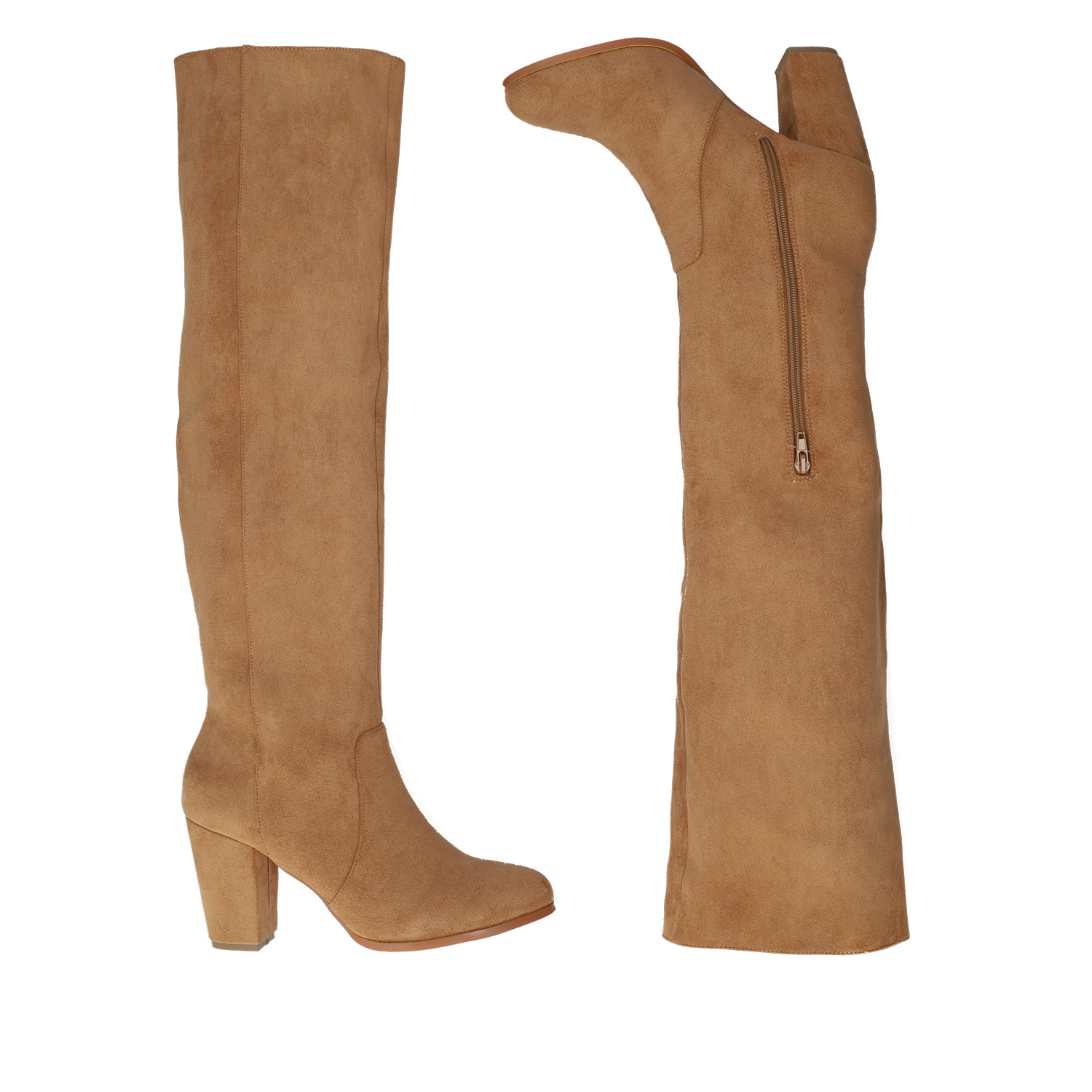 Heeled knee-high boots in brown faux suede. 