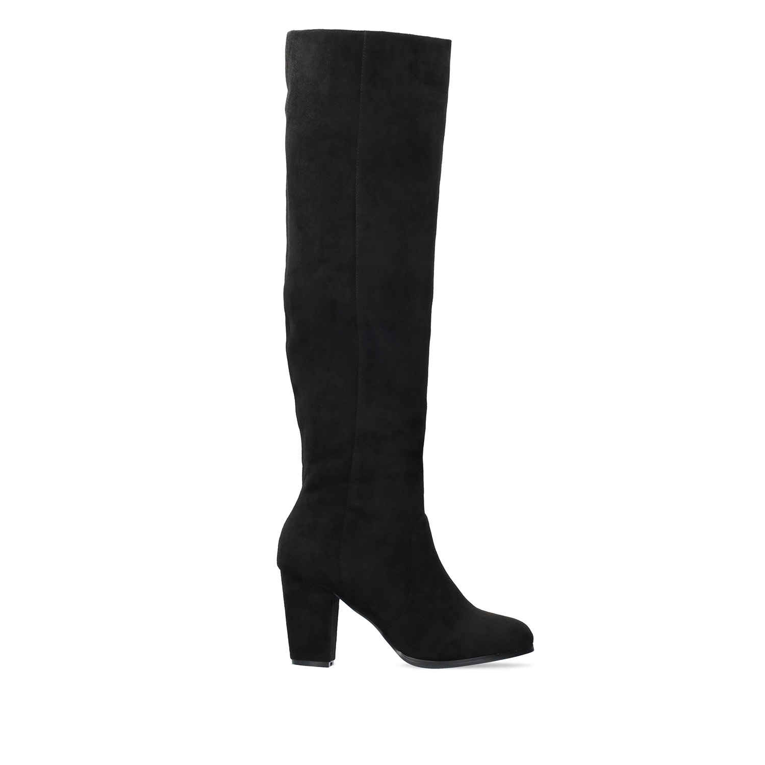 Heeled knee-high boots in black faux suede. 