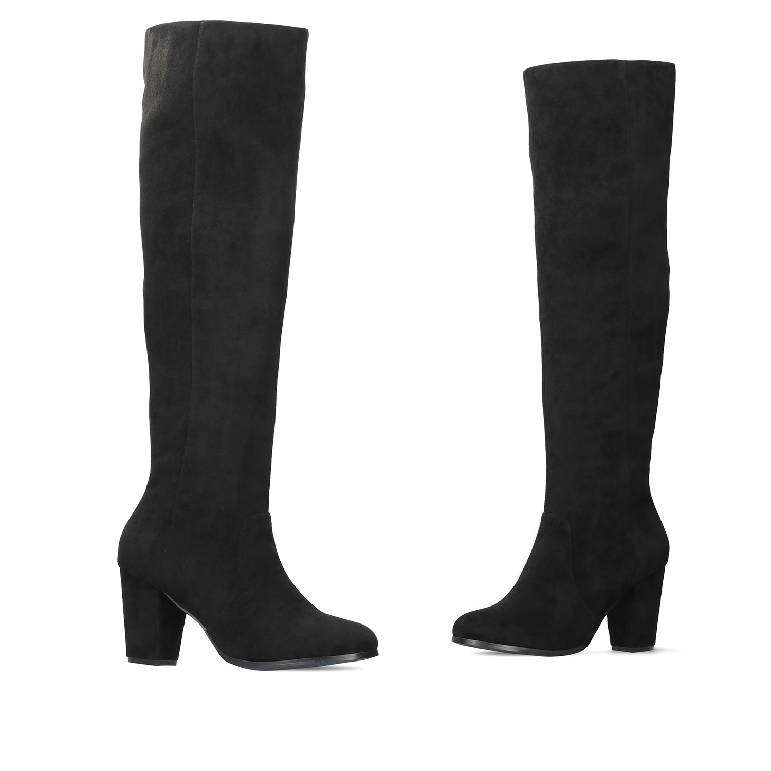 Heeled knee-high boots in black faux suede. 
