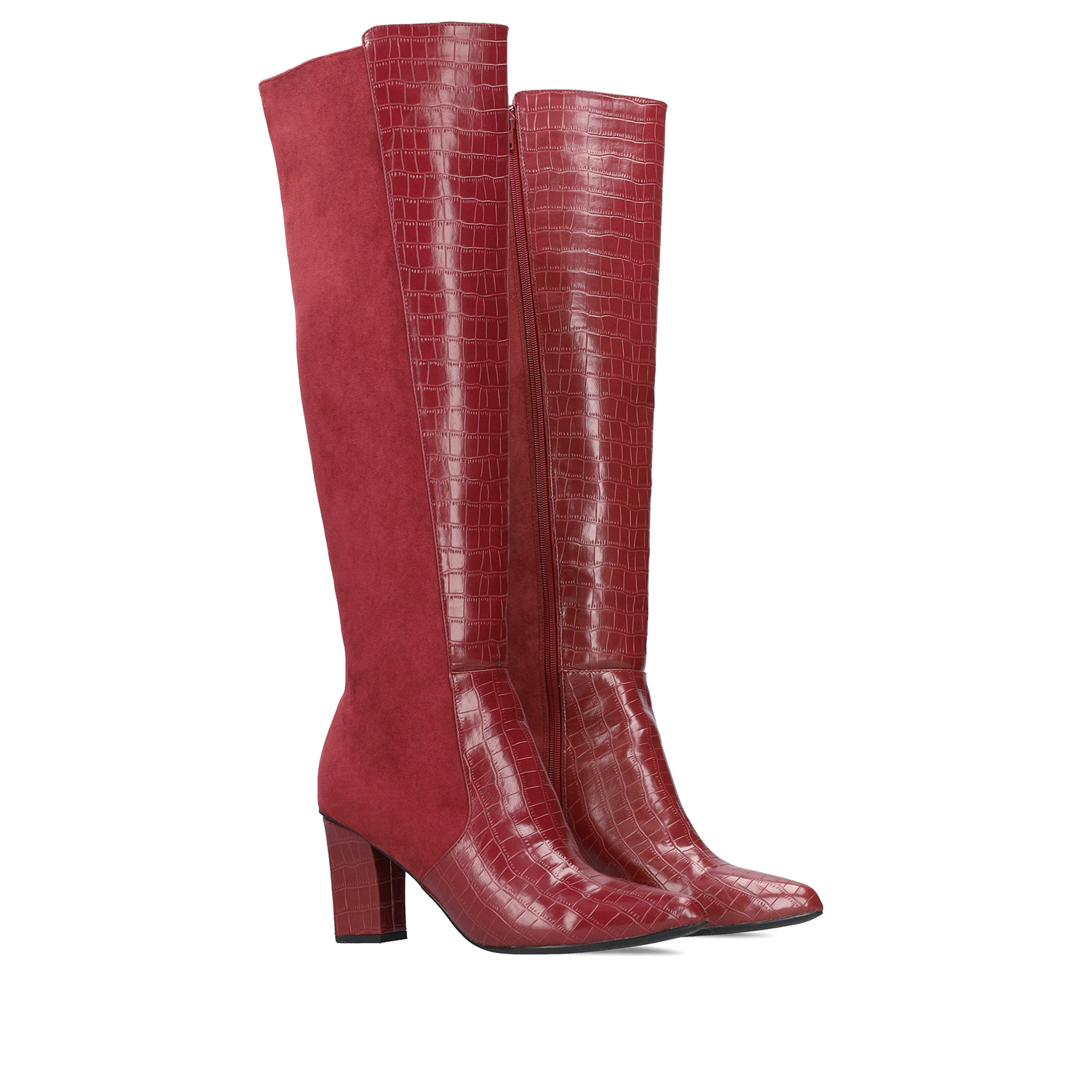 Heeled knee-high boots combined burgundy faux croc leather with faux suede. 