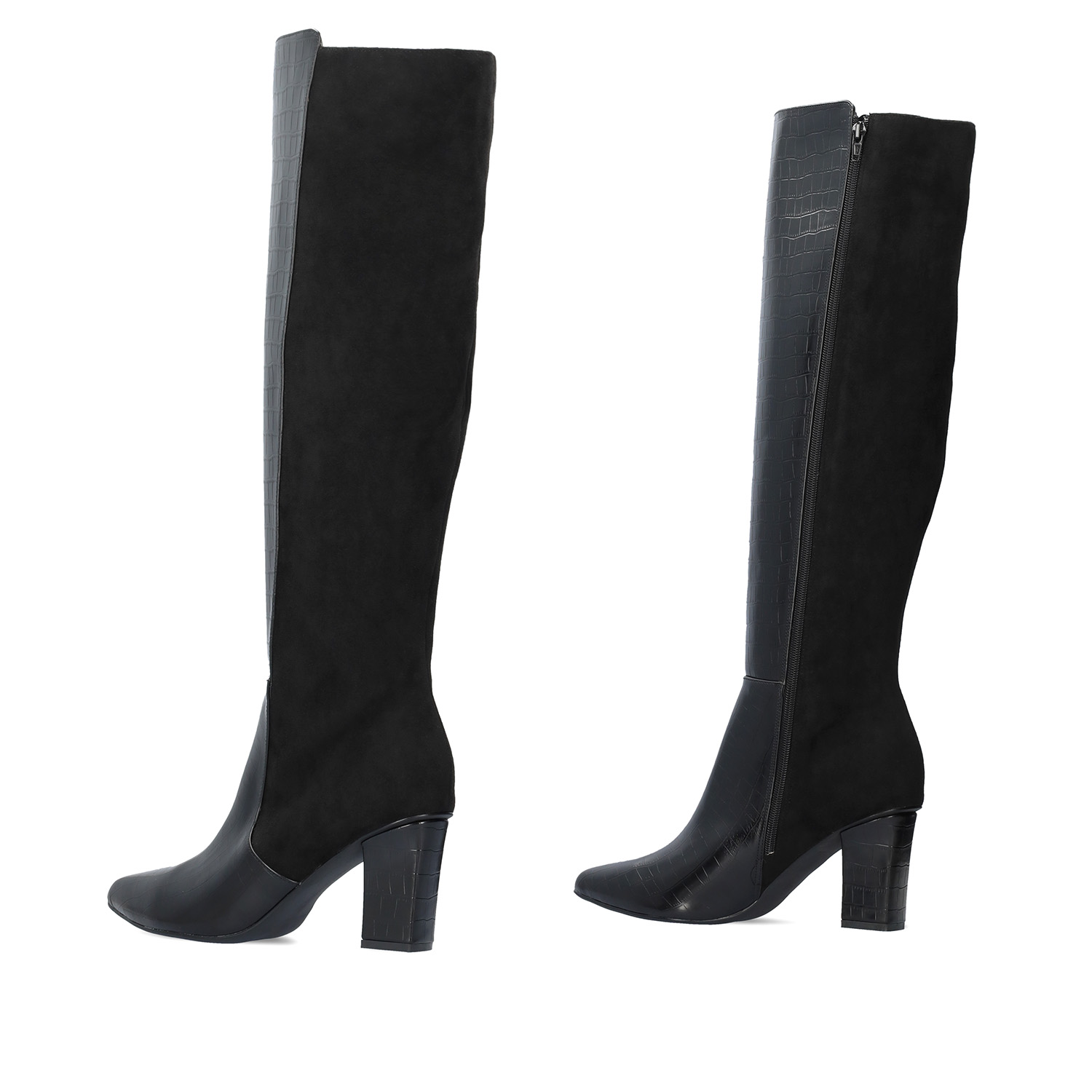 Heeled knee-high boots combined black faux croc leather with faux suede ...