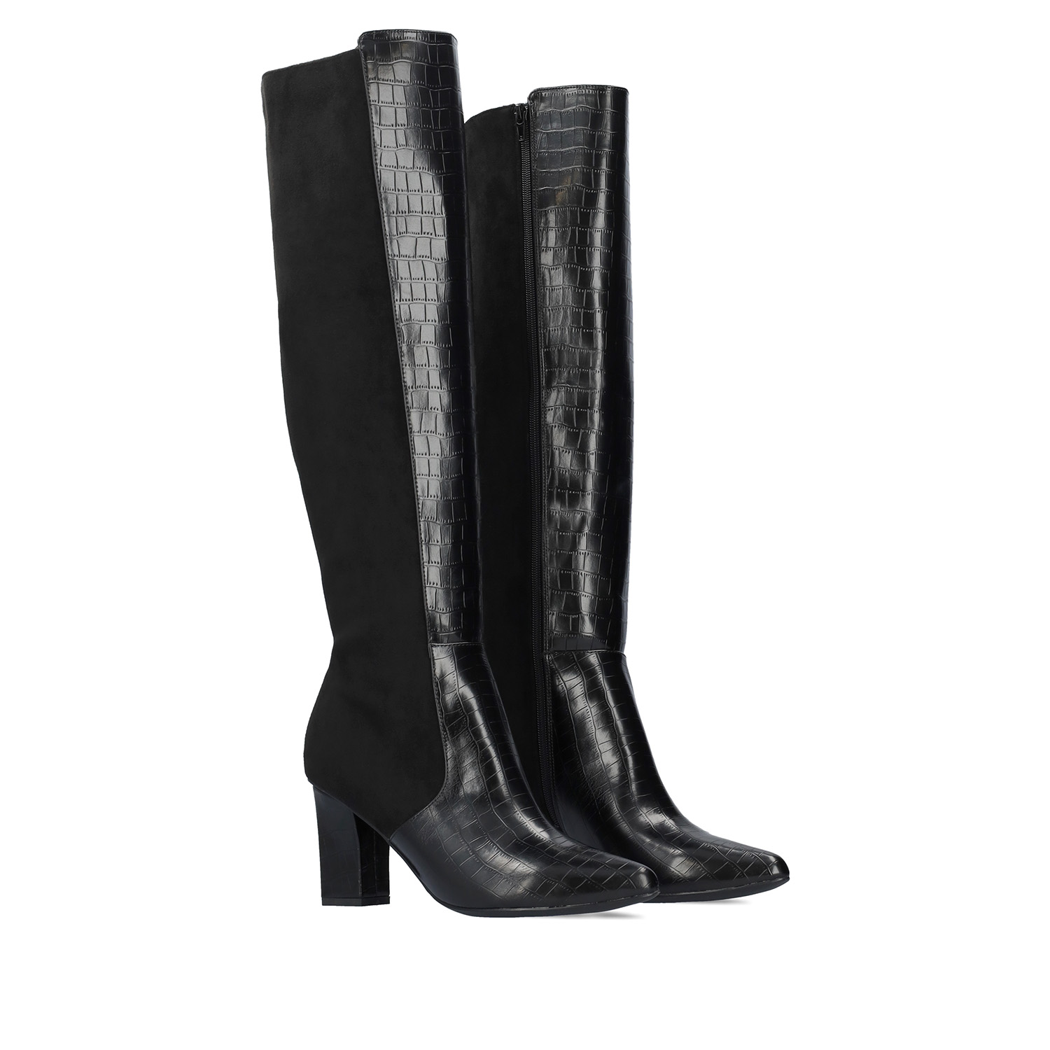 Heeled knee-high boots combined black faux croc leather with faux suede. 