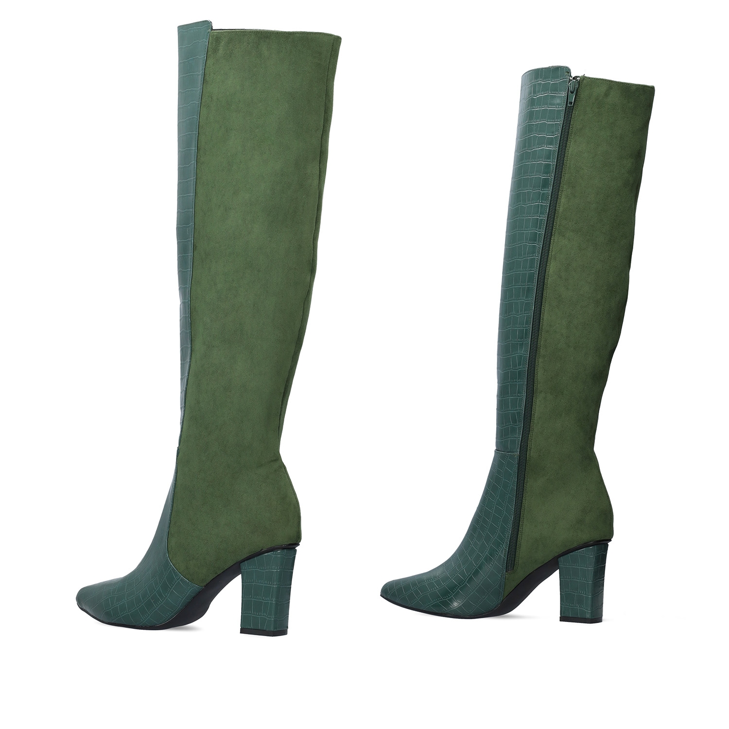 Heeled knee-high boots combined green faux croc leather with faux suede. 