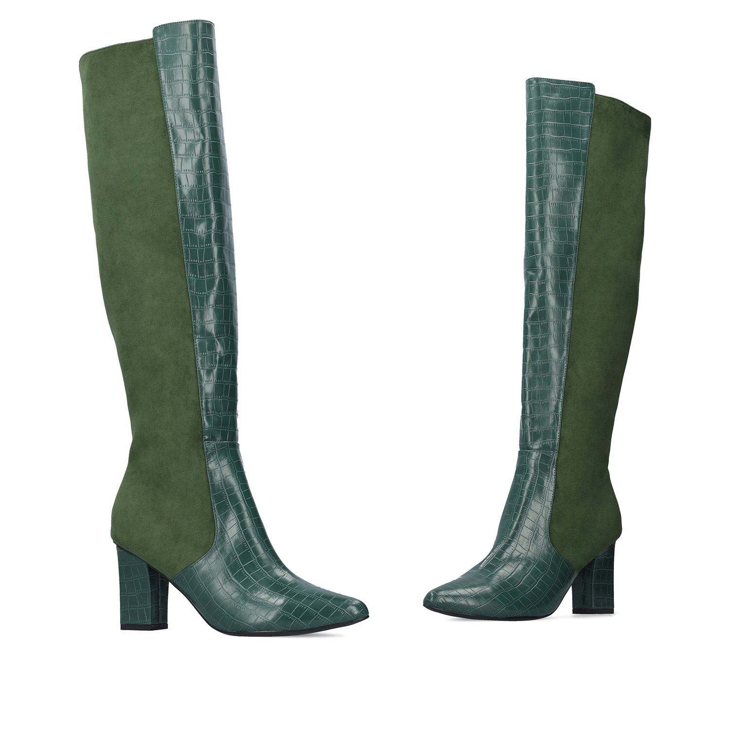 Heeled knee-high boots combined green faux croc leather with faux suede. 