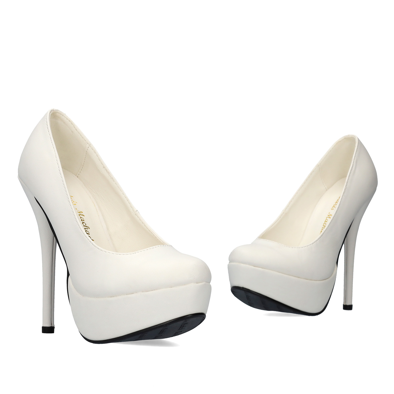 White faux Leather Platform Pumps with Stiletto Heel 