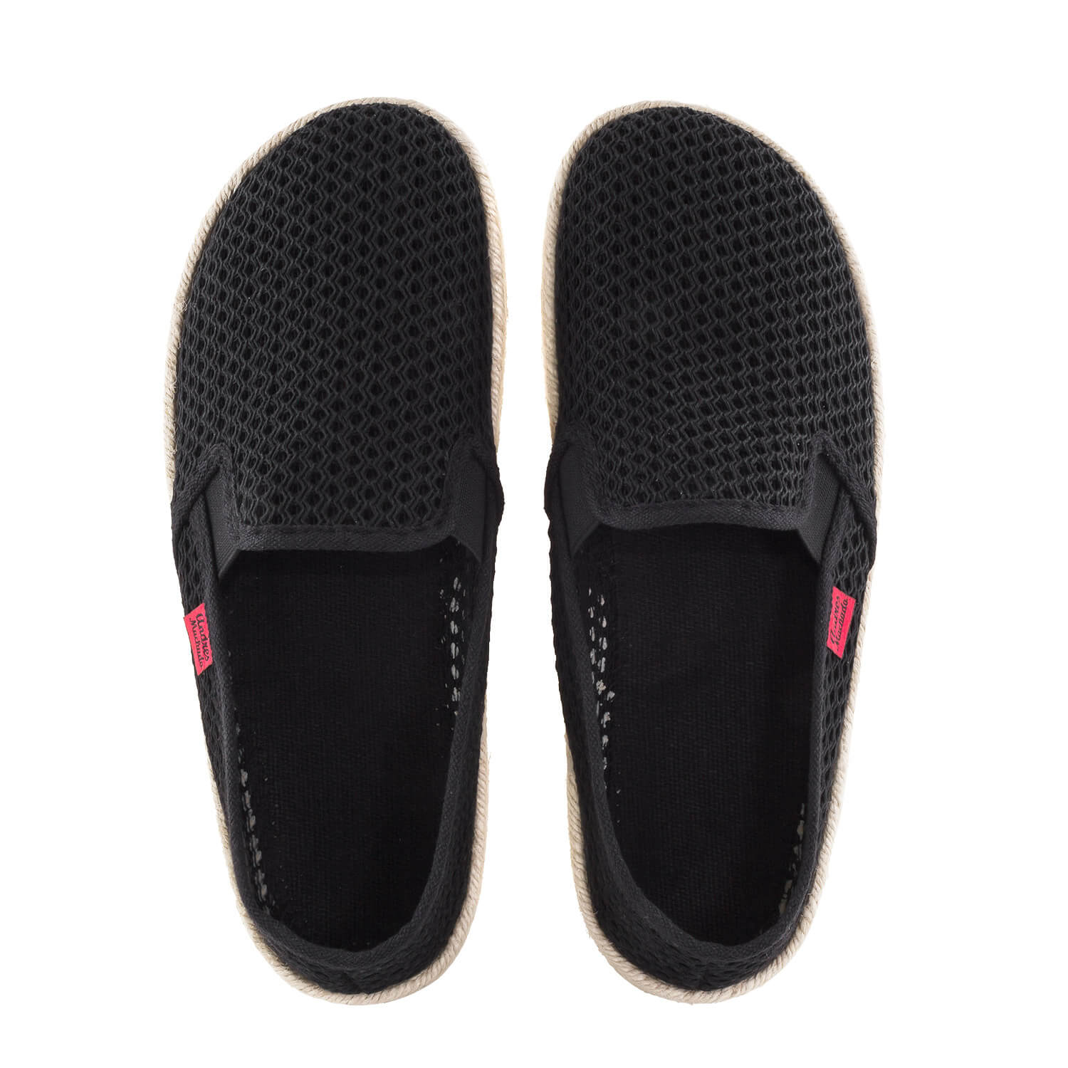 Slip-On Fabric Shoes in Black Mesh with Jute and Rubber Sole 