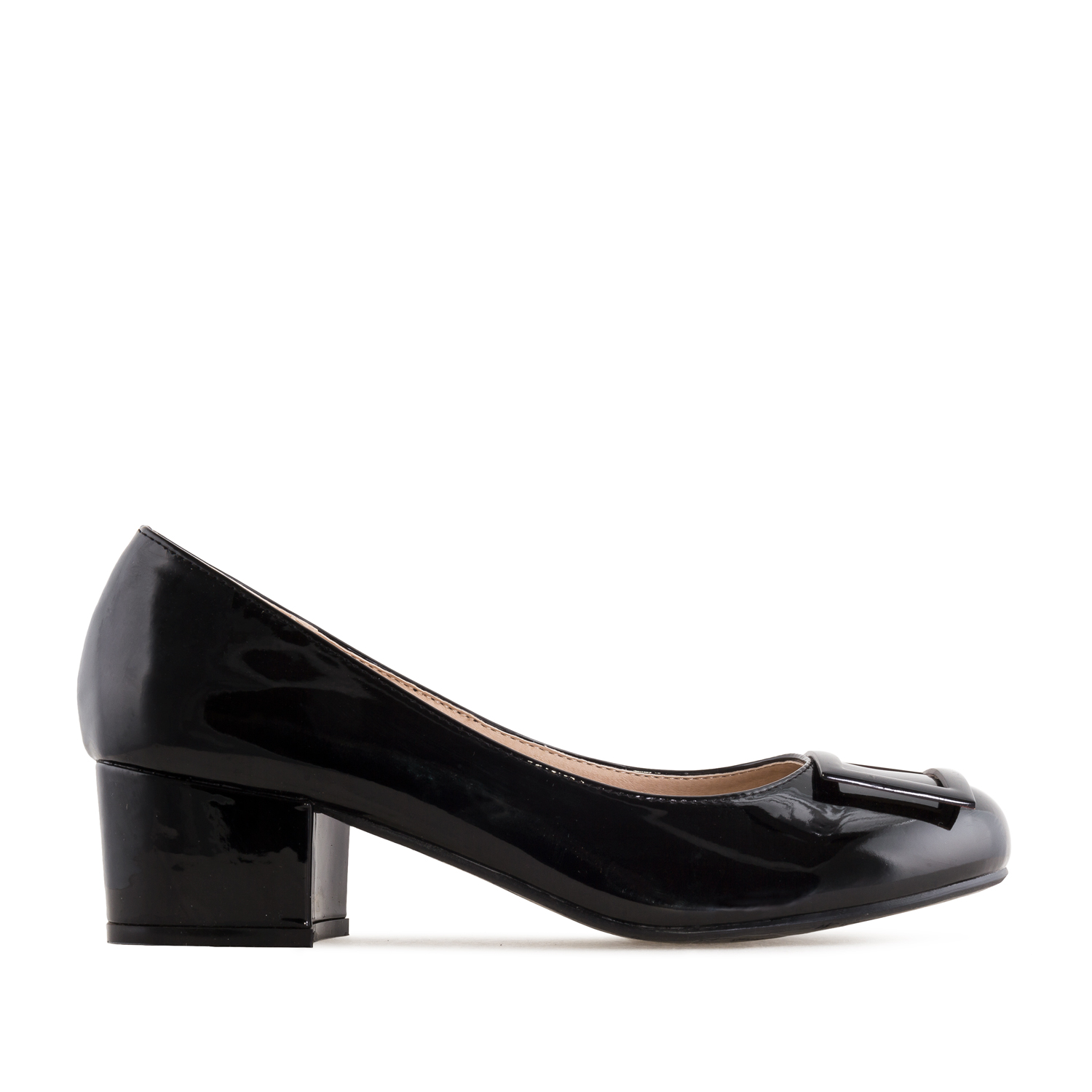 black patent block heel court shoes