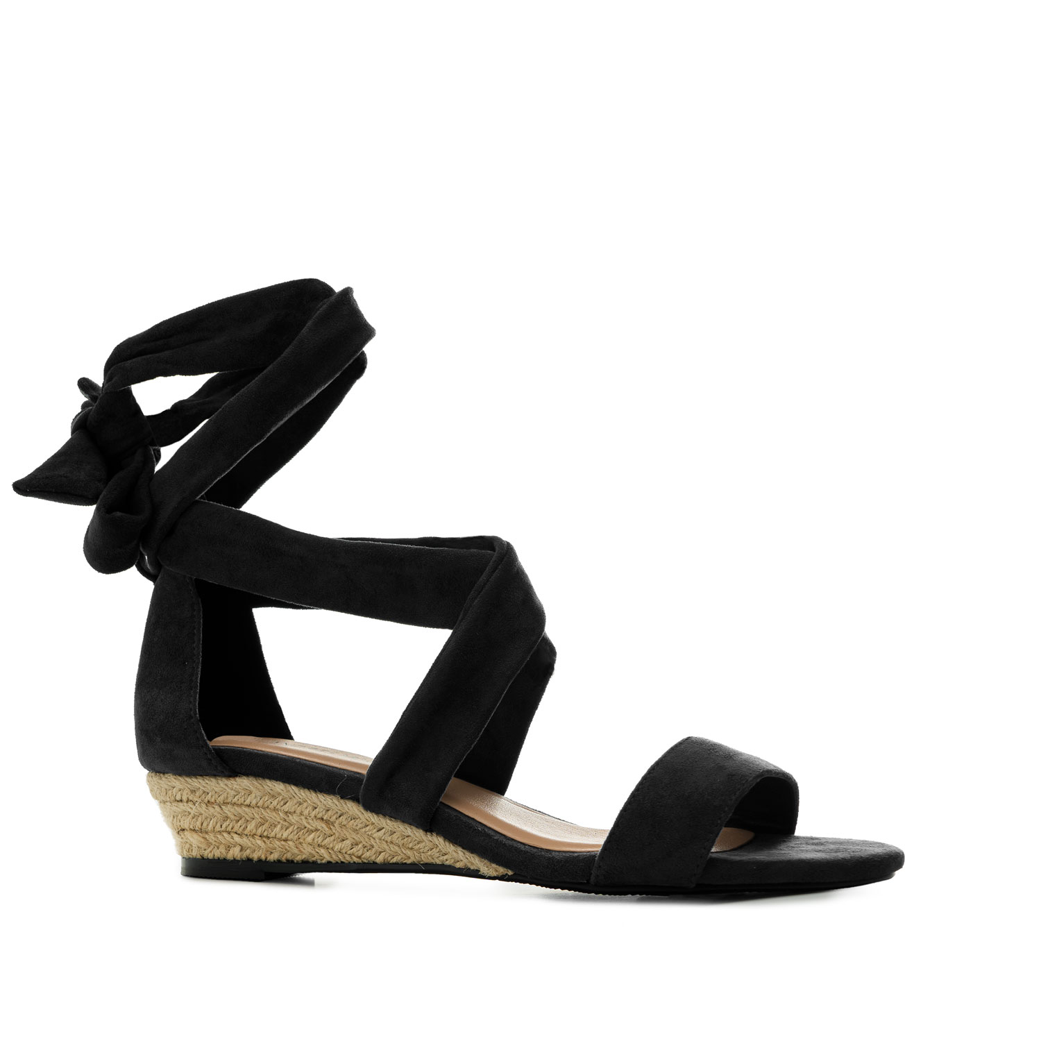 Ankle-tie Low Wedges in Black Suedette - Women, Sandals, Women, Heeled ...