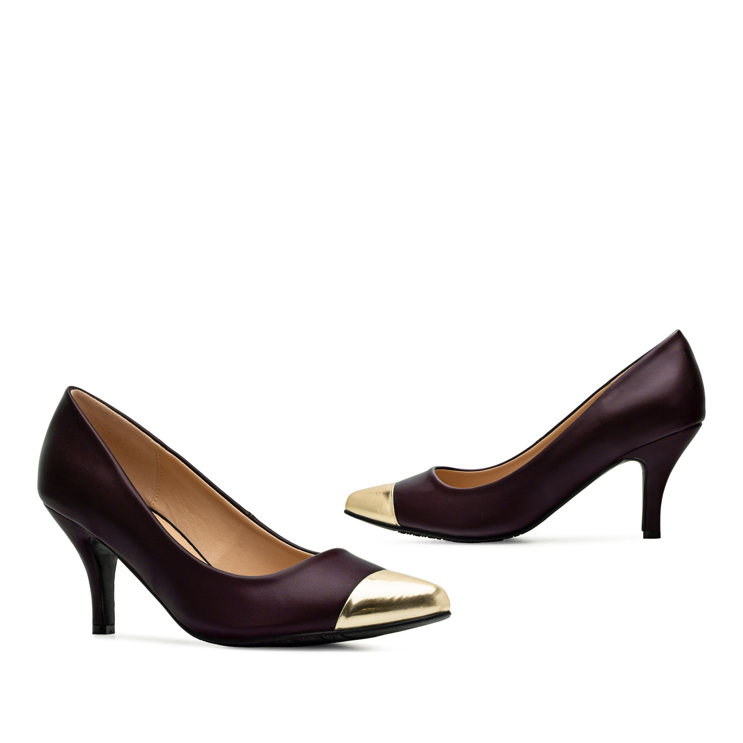Stilettos in Burgundy Faux leather with Golden Toe Cap 