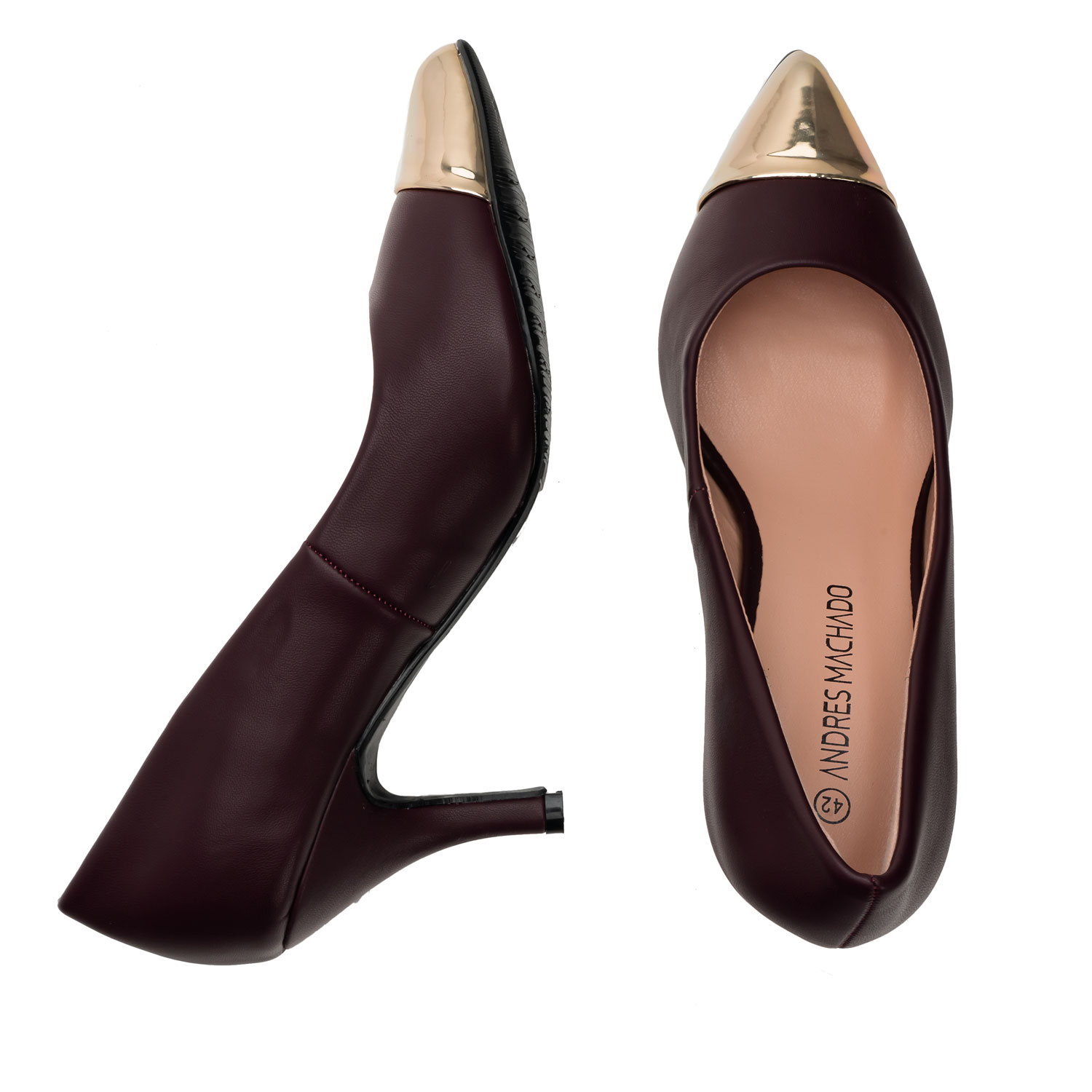 Stilettos in Burgundy Faux leather with Golden Toe Cap 