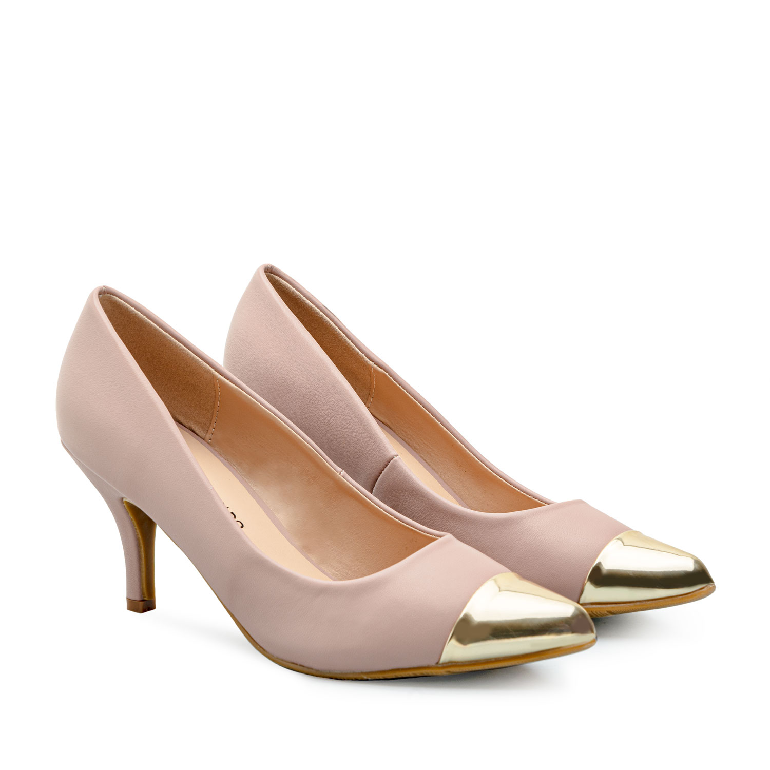 Stilettos in Nude Faux leather with Golden Toe Cap 