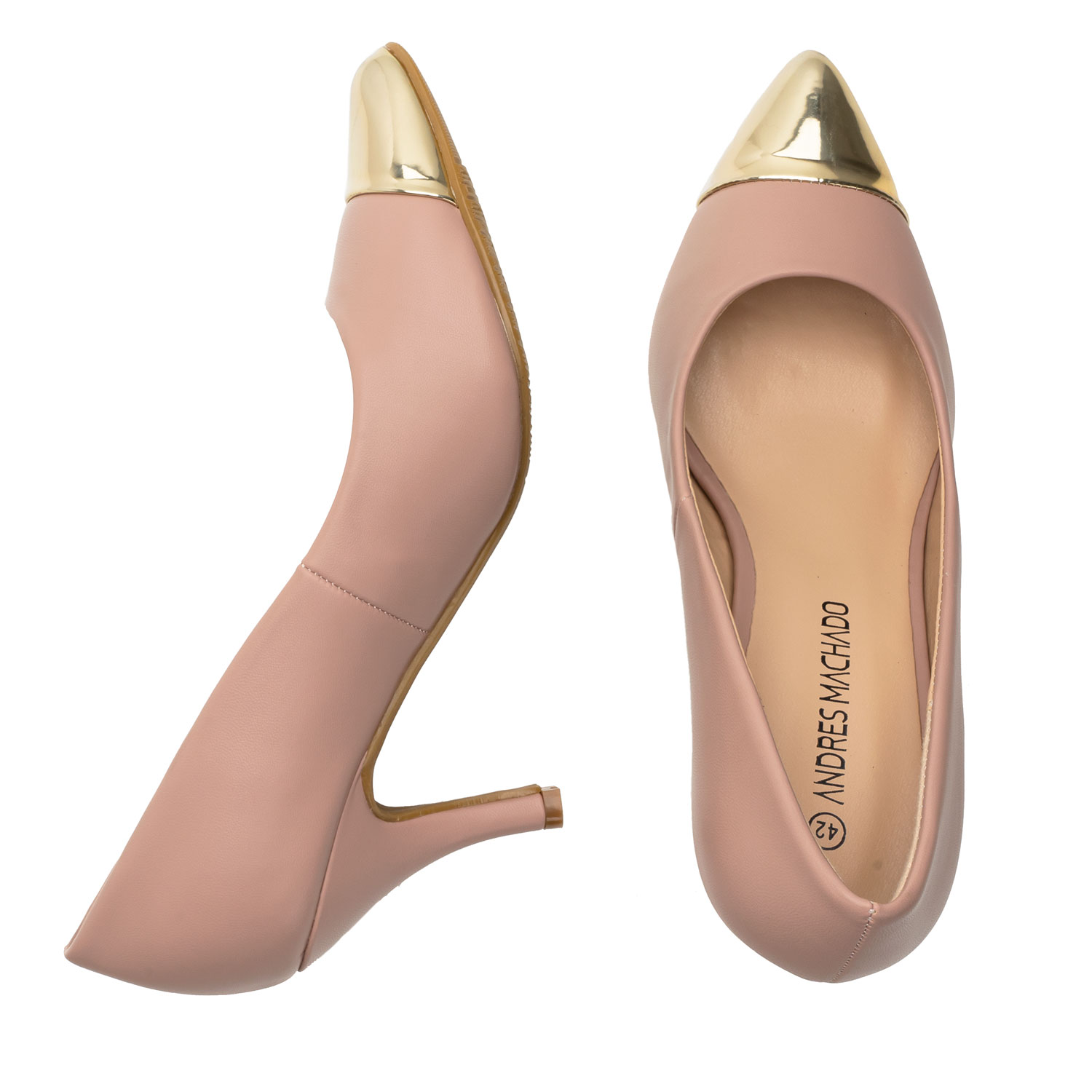 Stilettos in Nude Faux leather with Golden Toe Cap 