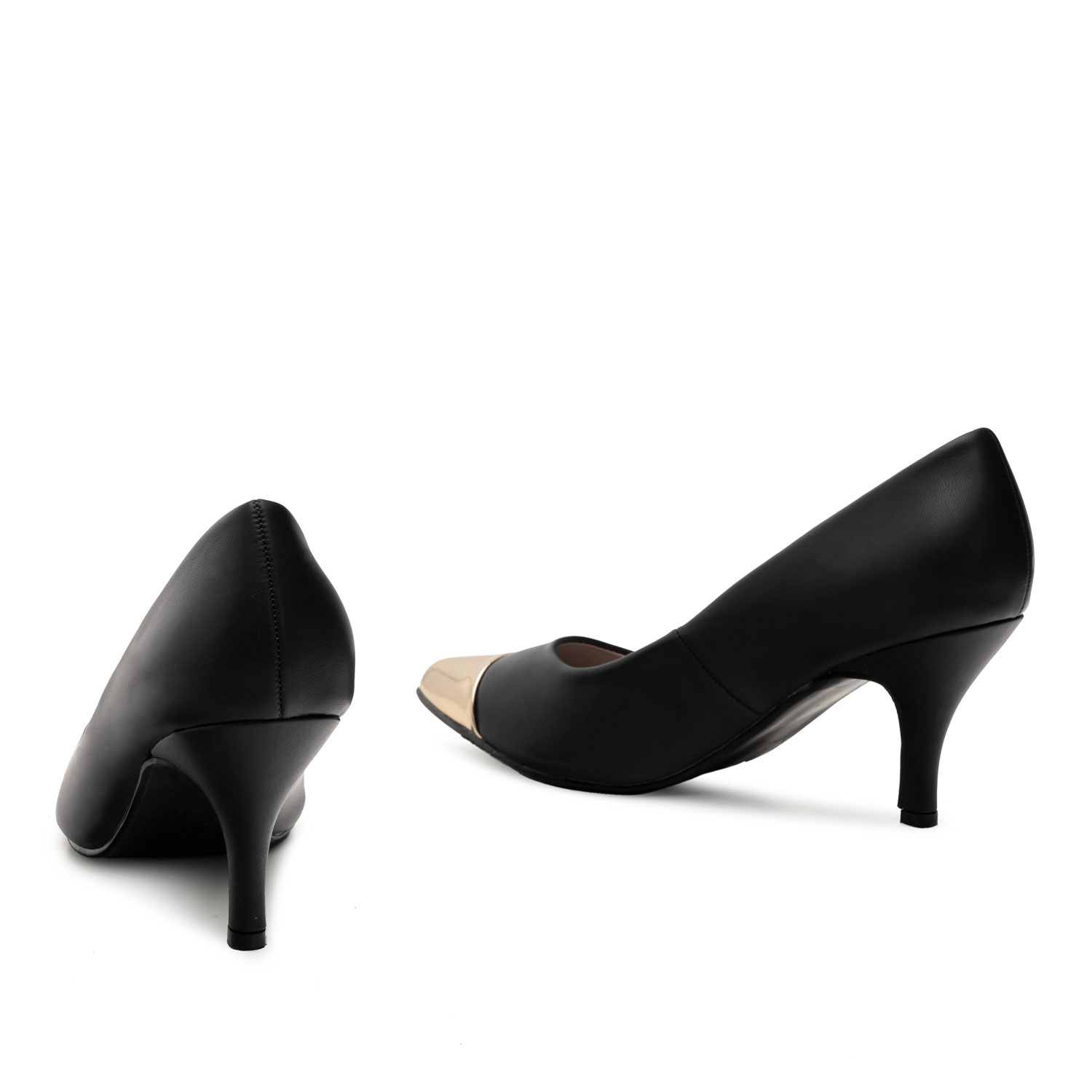 Stilettos in Black Soft leather with Golden Toe Cap 