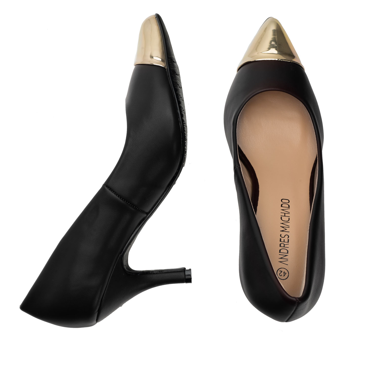 Stilettos in Black Soft leather with Golden Toe Cap 