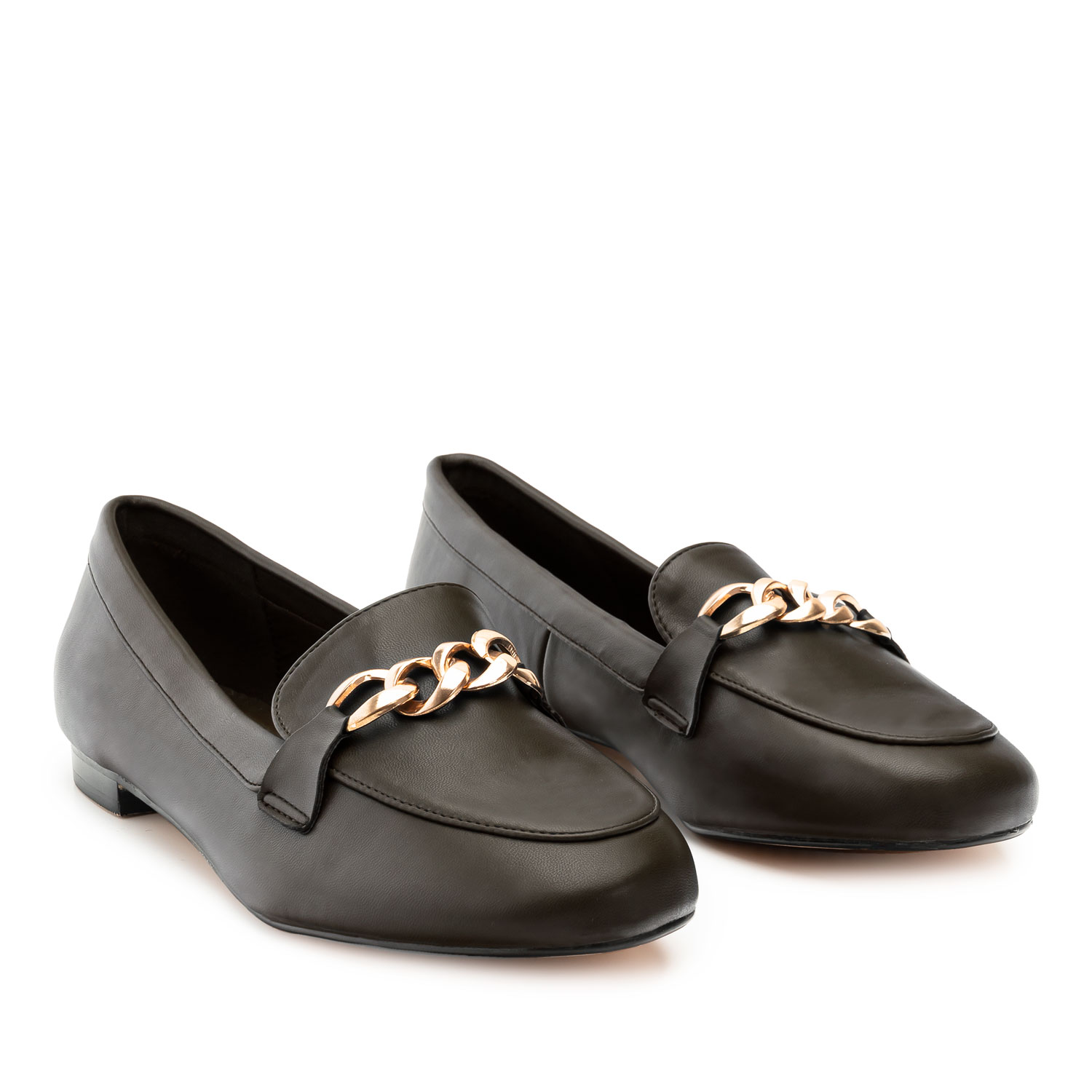 Brown Faux Soft Leather Loafers with Gold Chain