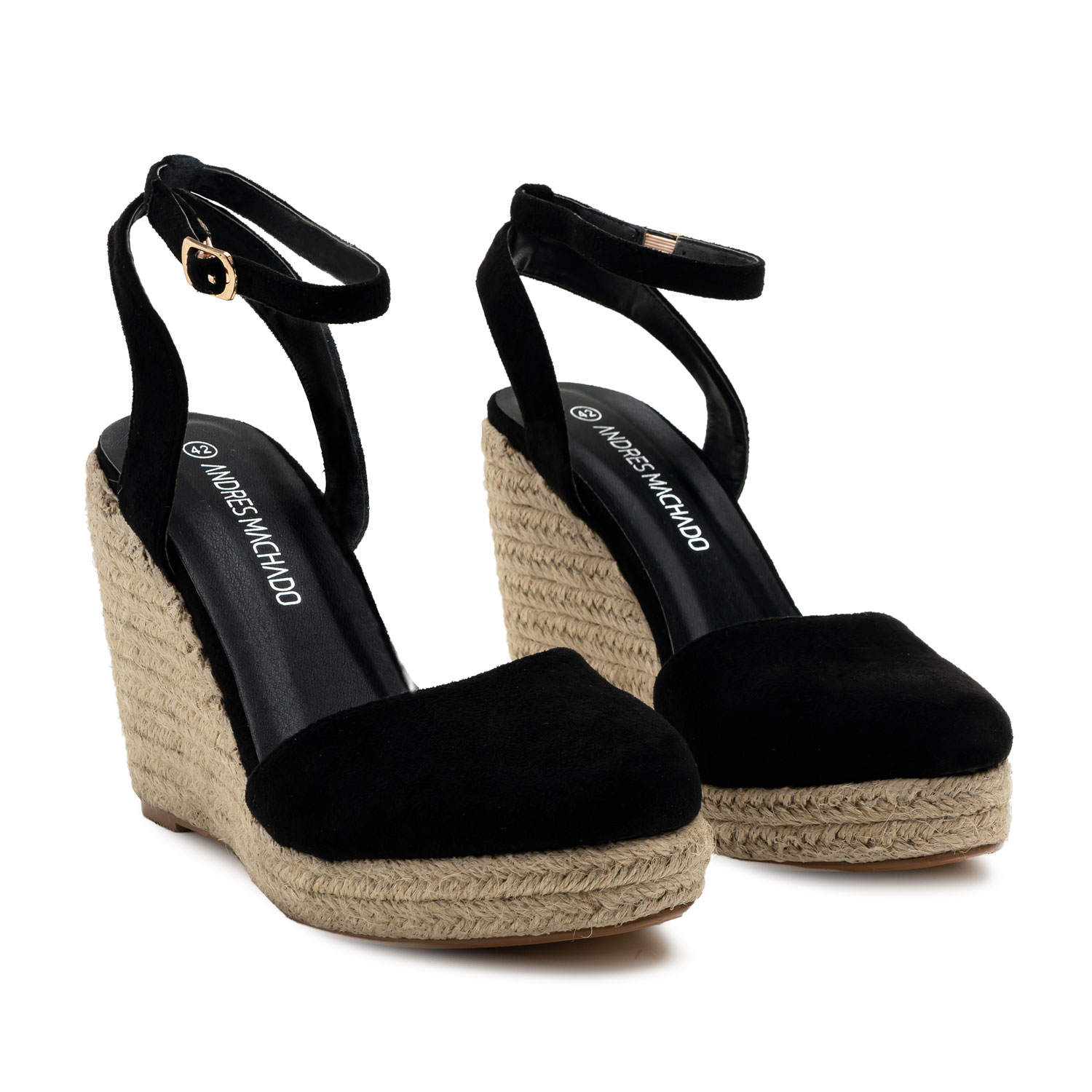 Black Faux Suede Espadrilles with Jute Wedge 