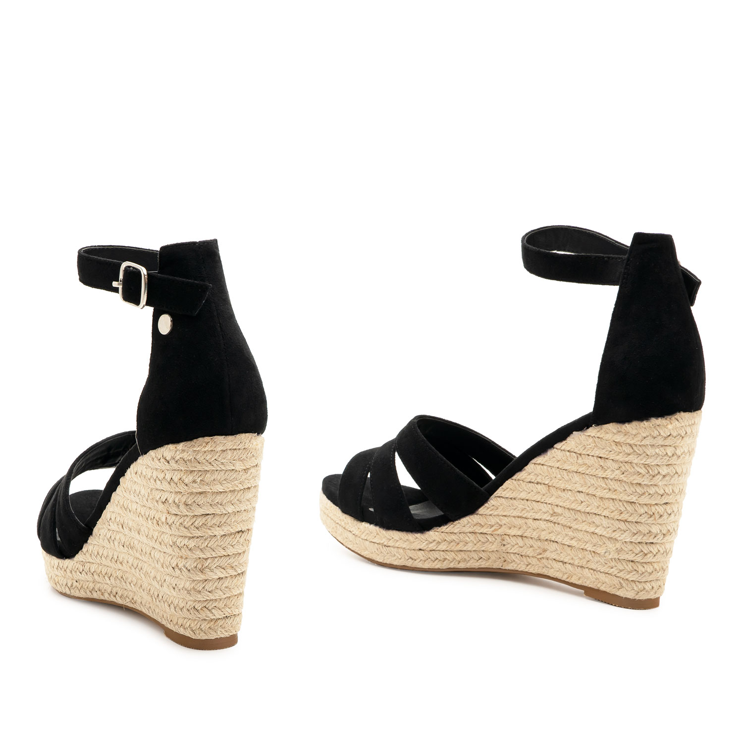 Black Faux Suede Espadrilles with Jute Wedge 