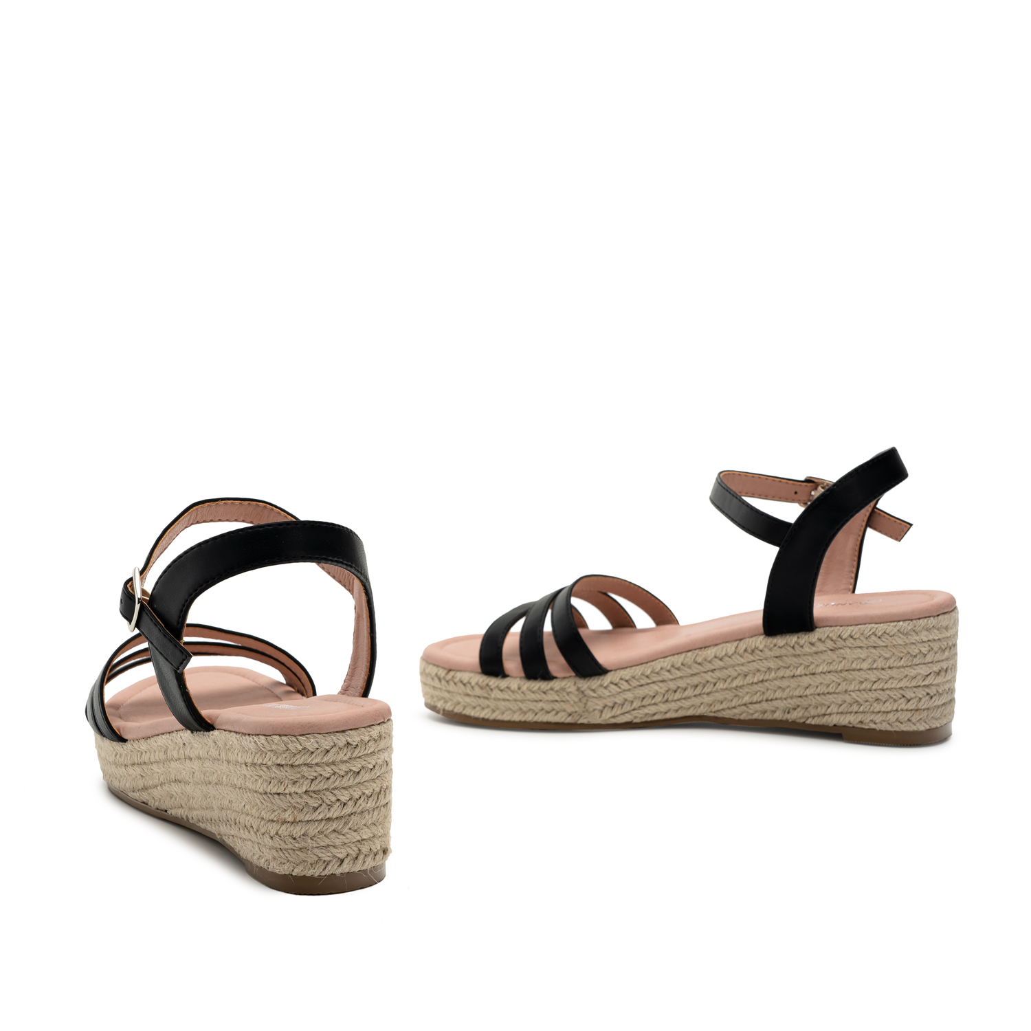 Black Faux Leather Sandals with Jute Wedge 