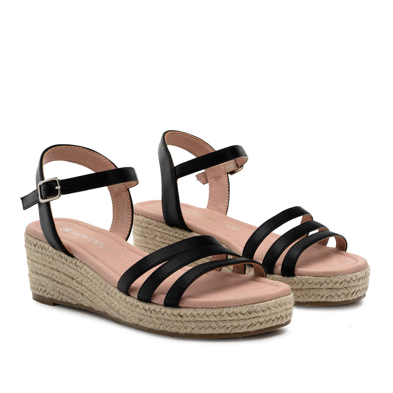 Black Faux Leather Sandals with Jute Wedge 