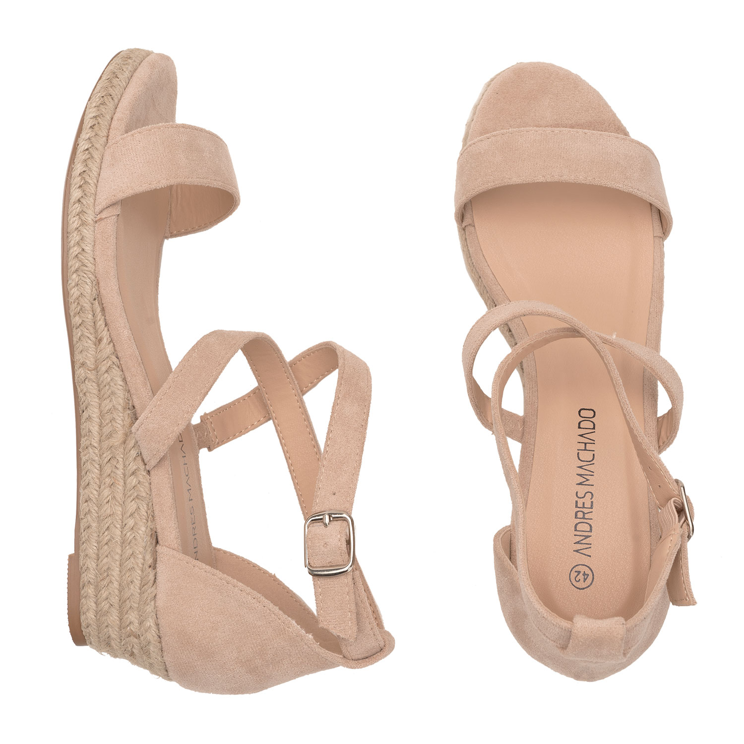 Beige Faux Suede Sandals with Jute Wedge 
