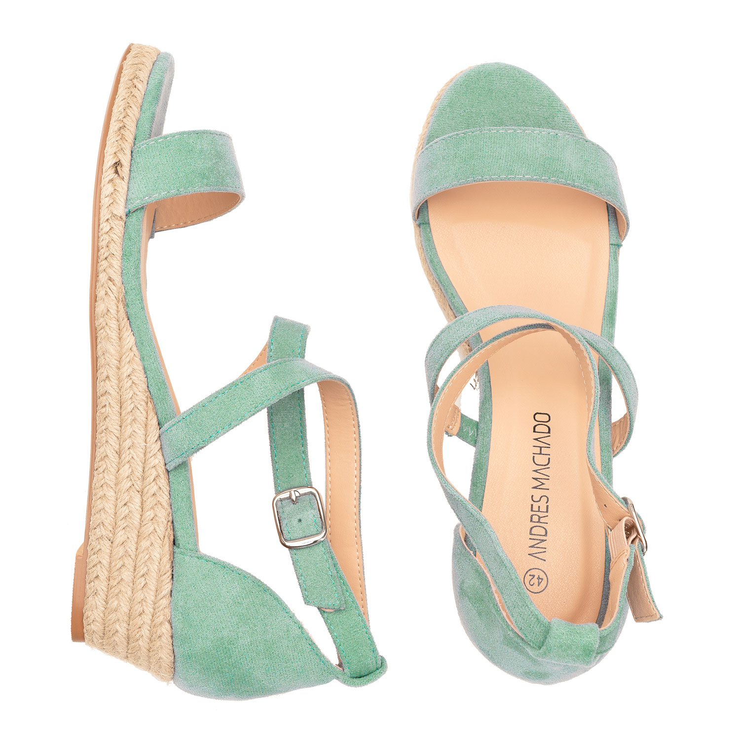 Mint Faux Suede Sandals with Jute Wedge 
