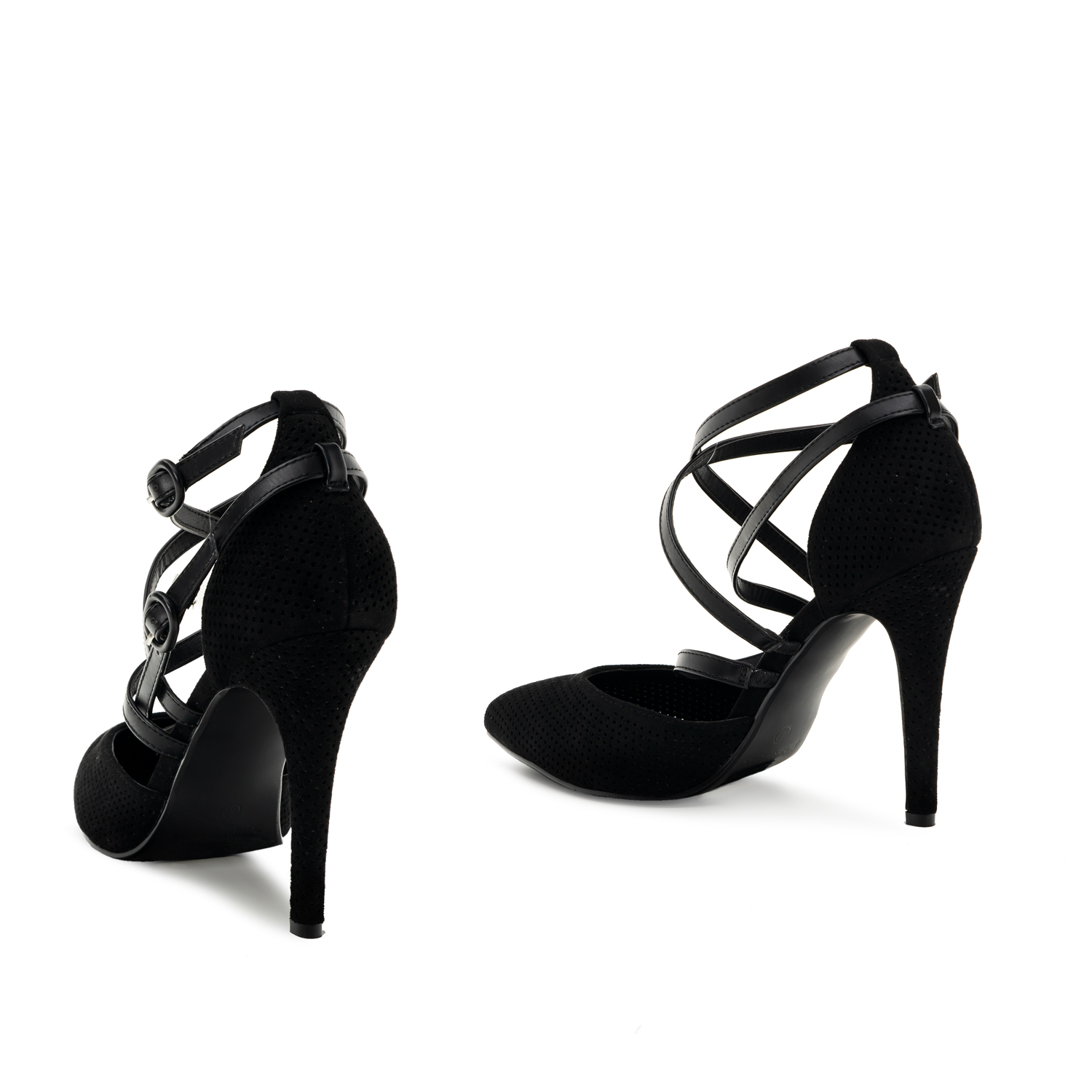 Black faux suede, die-cut court shoes 