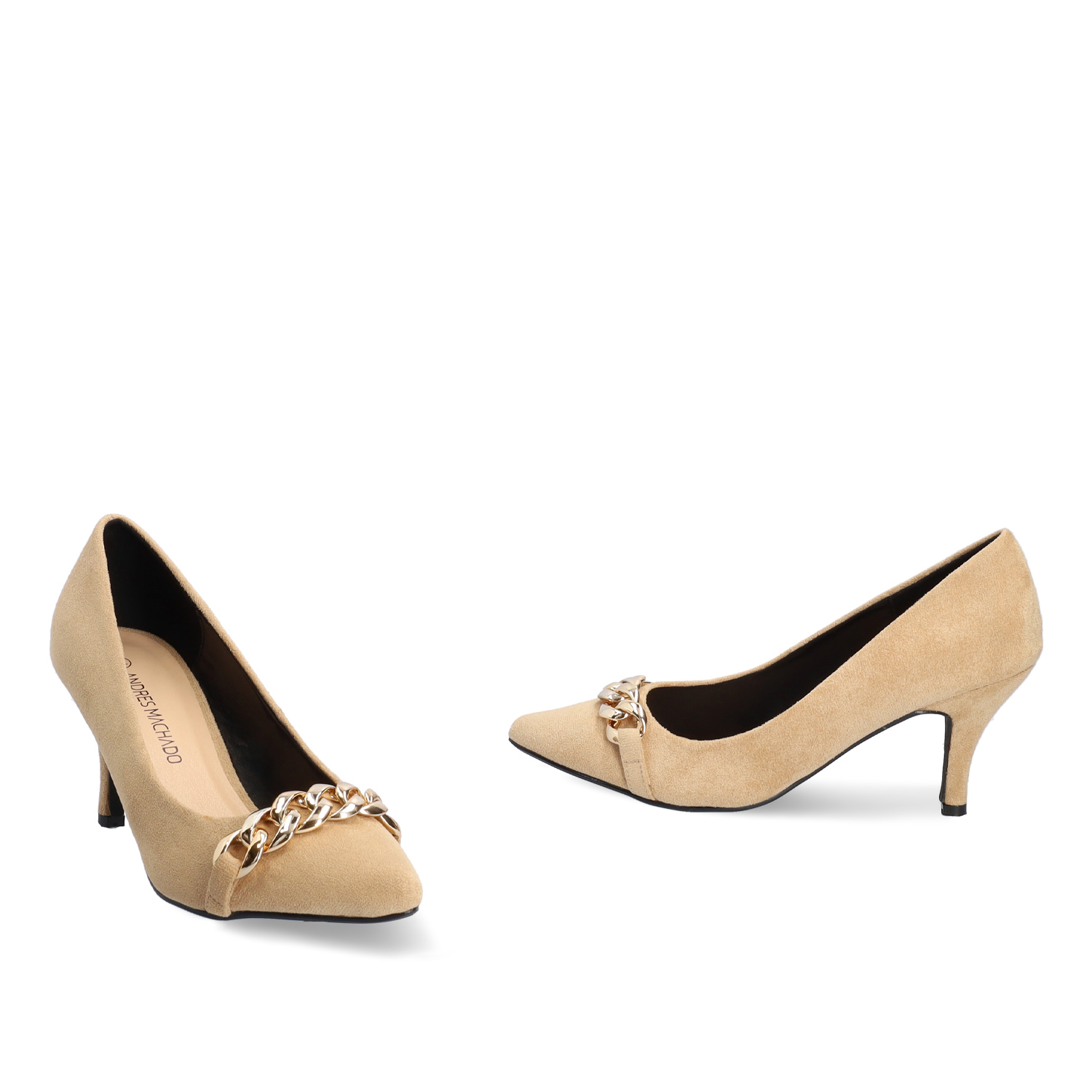 Heeled shoes in beige faux suede with chain link detail 