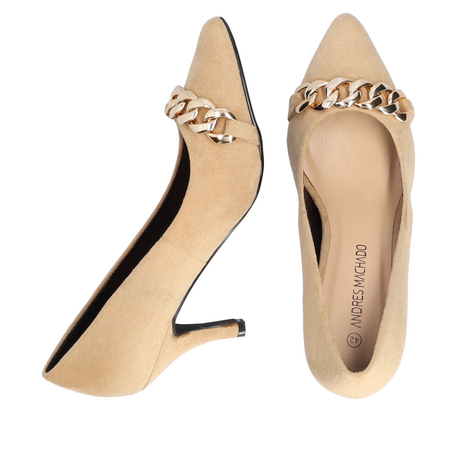 Heeled shoes in beige faux suede with chain link detail 