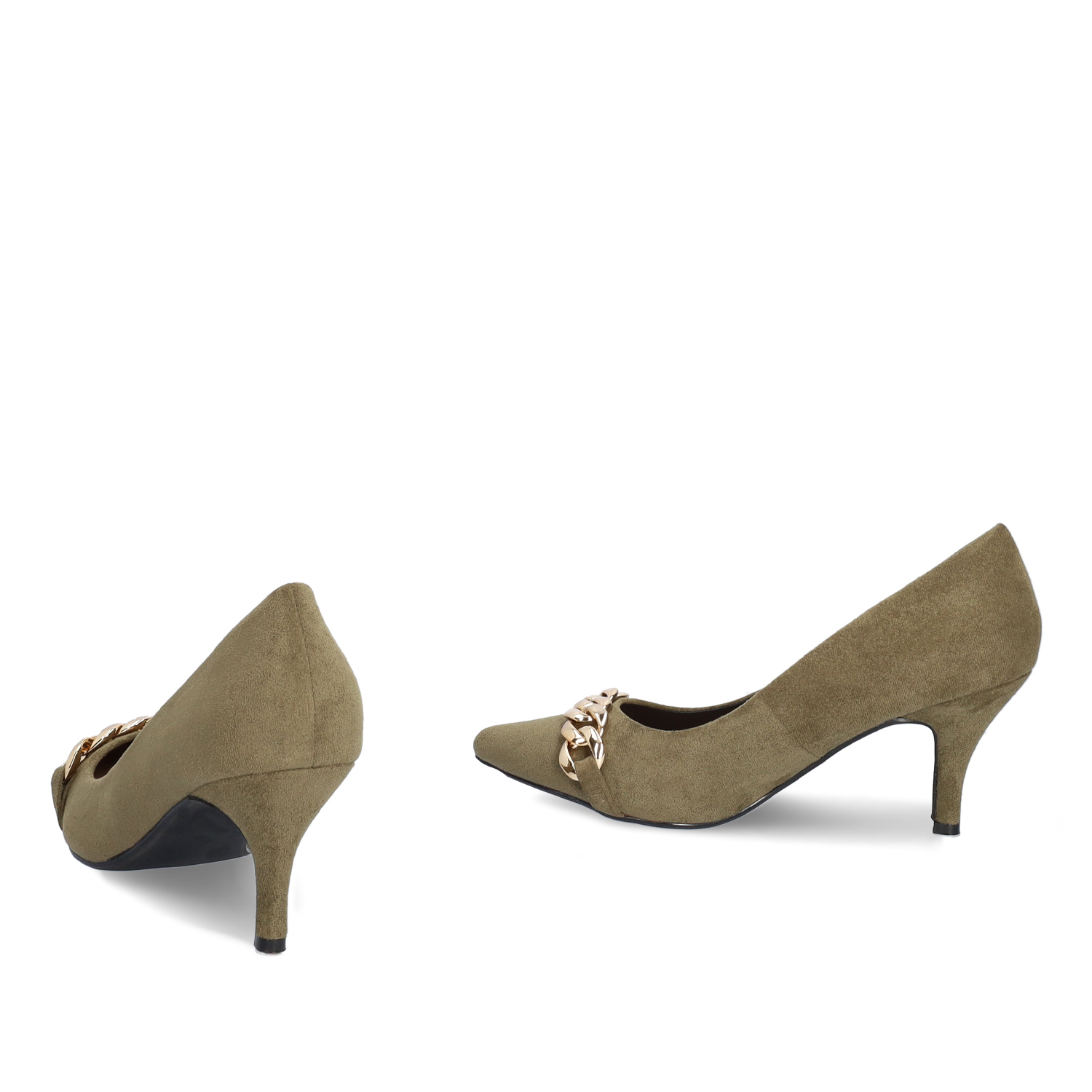 Heeled shoes in kaki faux suede with chain link detail 