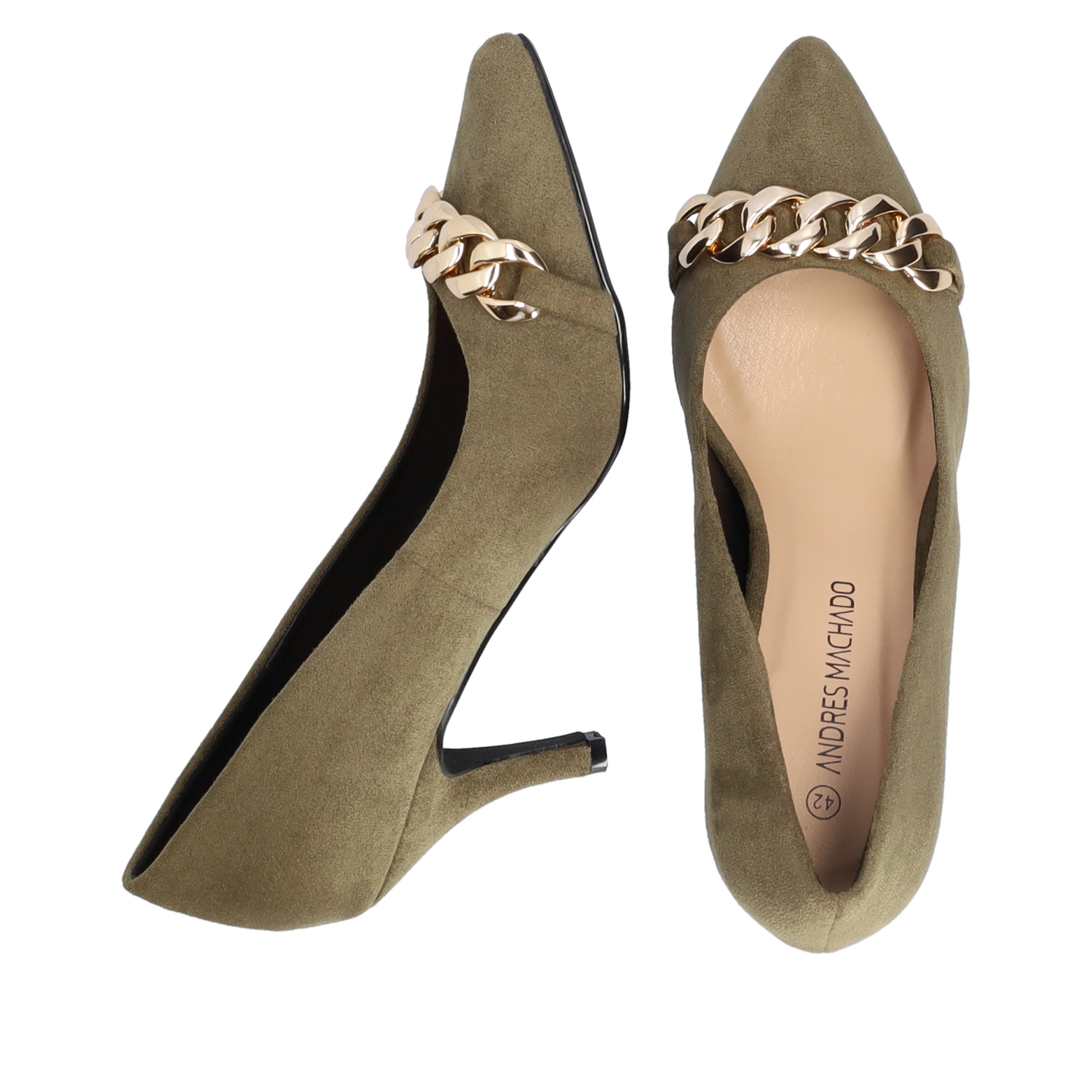 Heeled shoes in kaki faux suede with chain link detail 