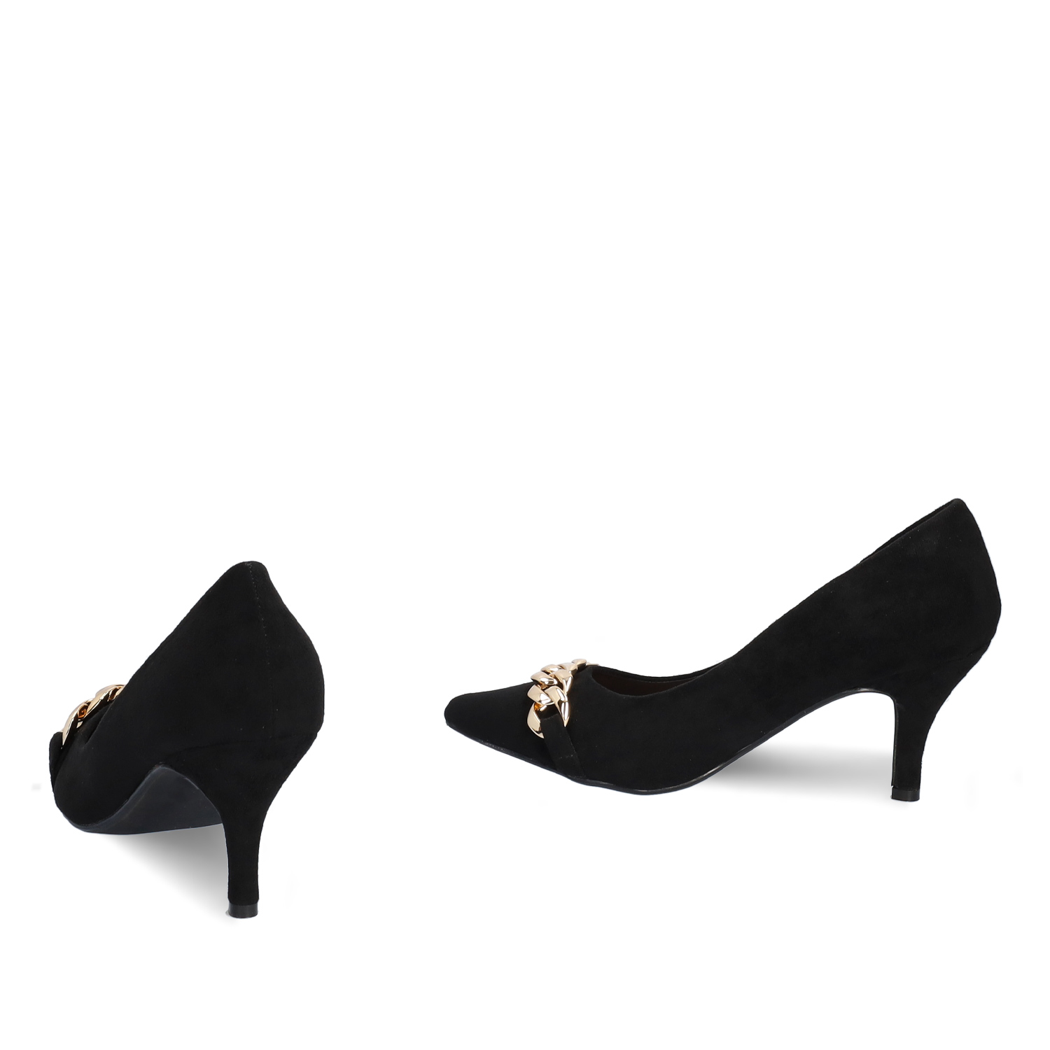 Heeled shoes in black faux suede with chain link detail 