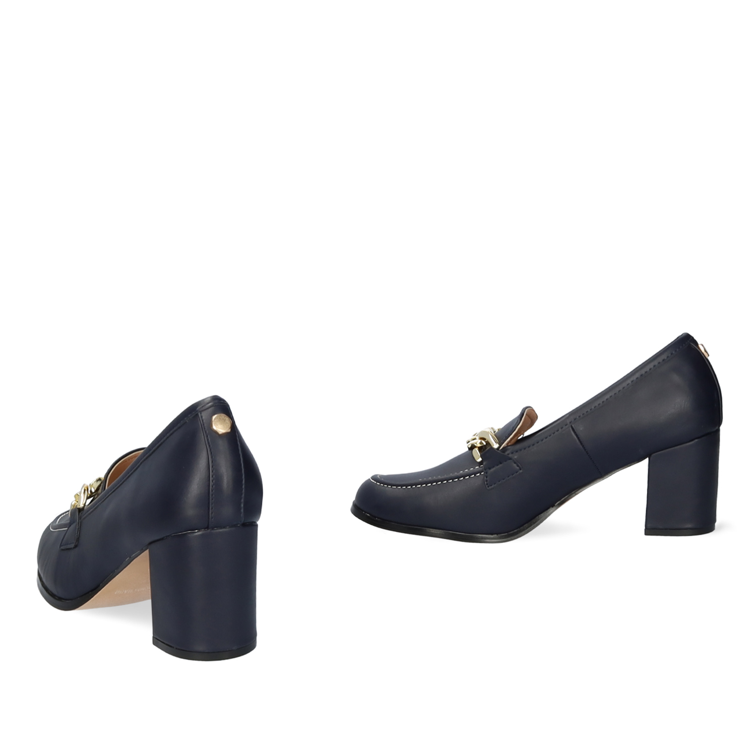 Heeled moccasins in navy faux leather and gold chain link detail 