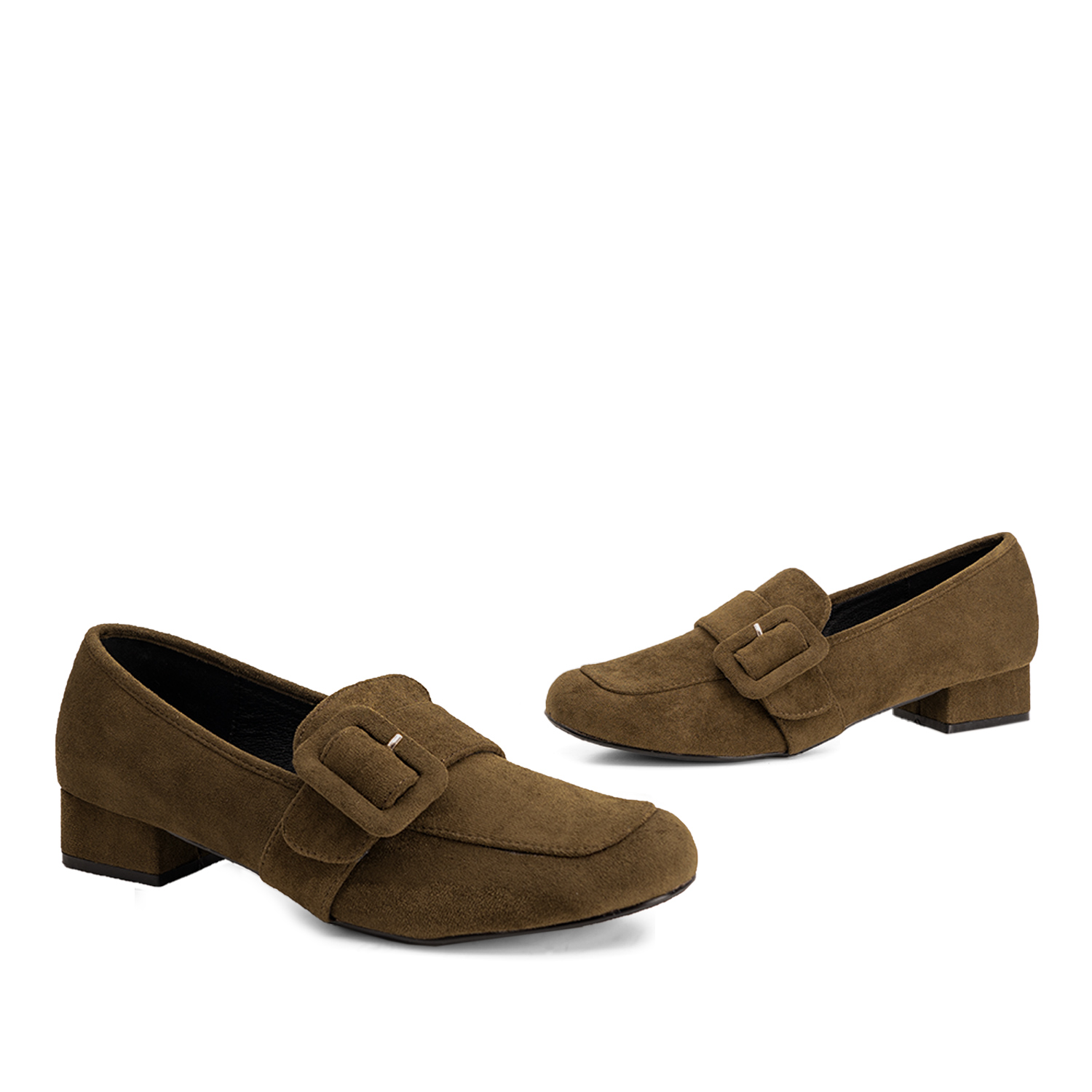 Moccasins in olive faux suede and buckle detail 