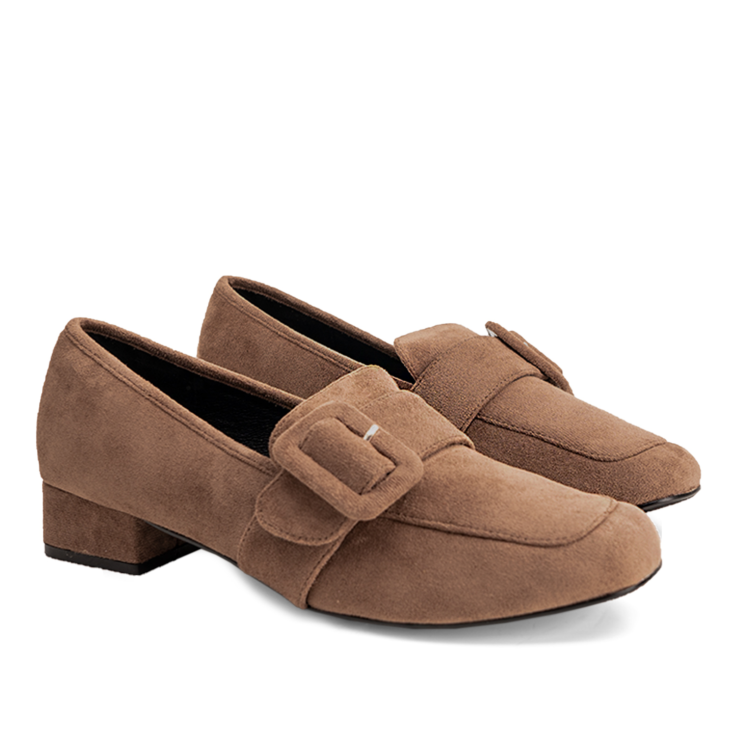 Moccasins in light brown faux suede and buckle detail 
