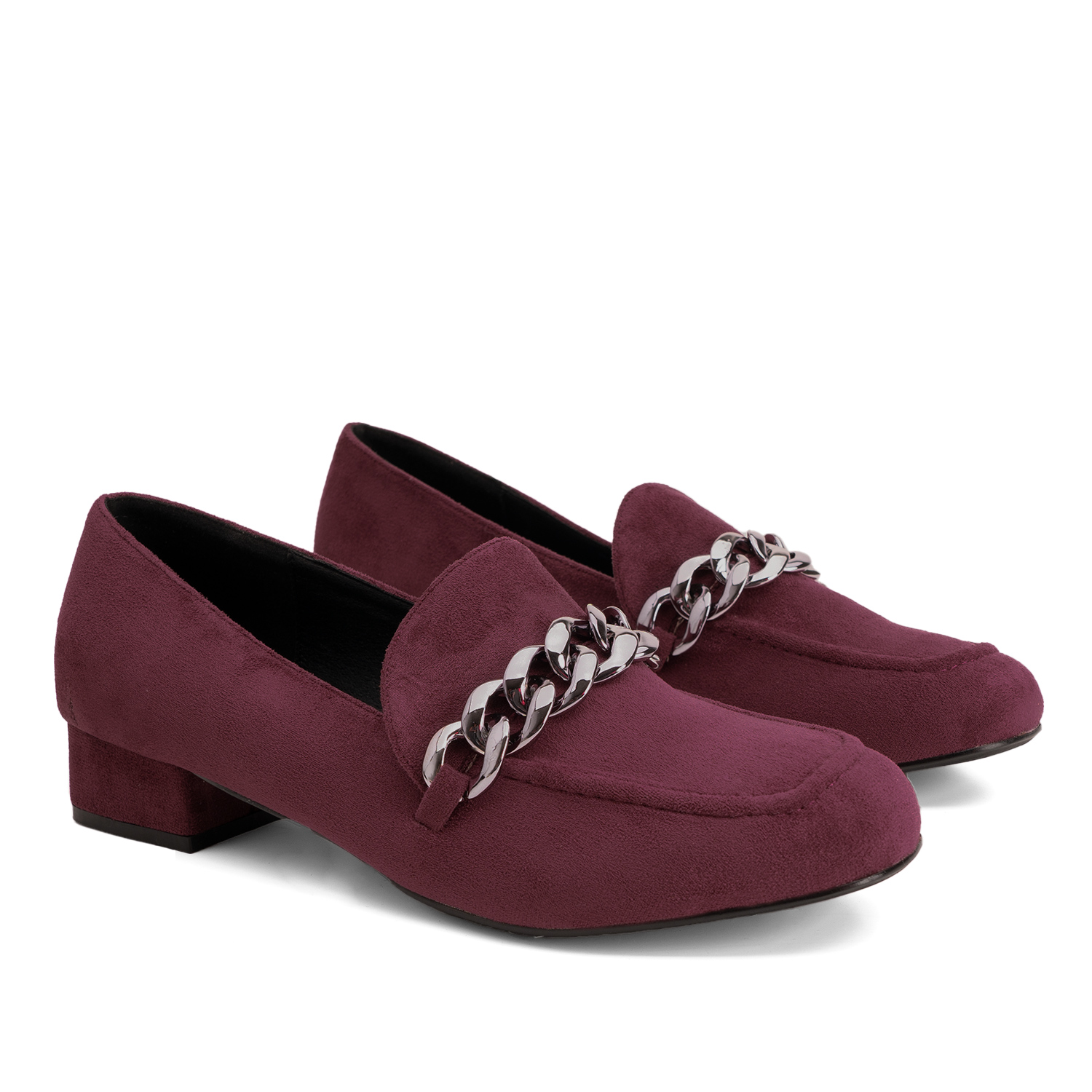 Moccasins in bordeaux faux suede with chain link detail 