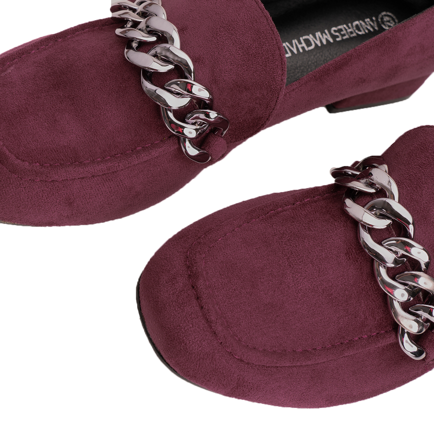 Moccasins in bordeaux faux suede with chain link detail 